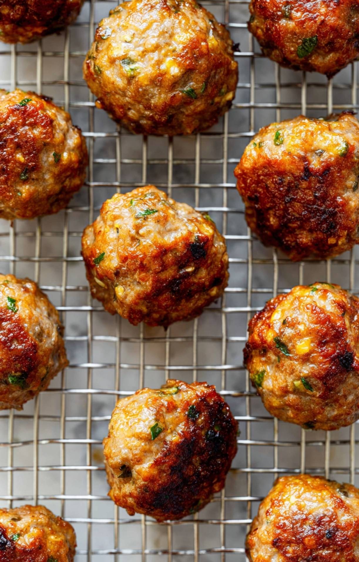 Several cooked turkey meatballs resting on a wire cooling rack to maintain their crispy texture.