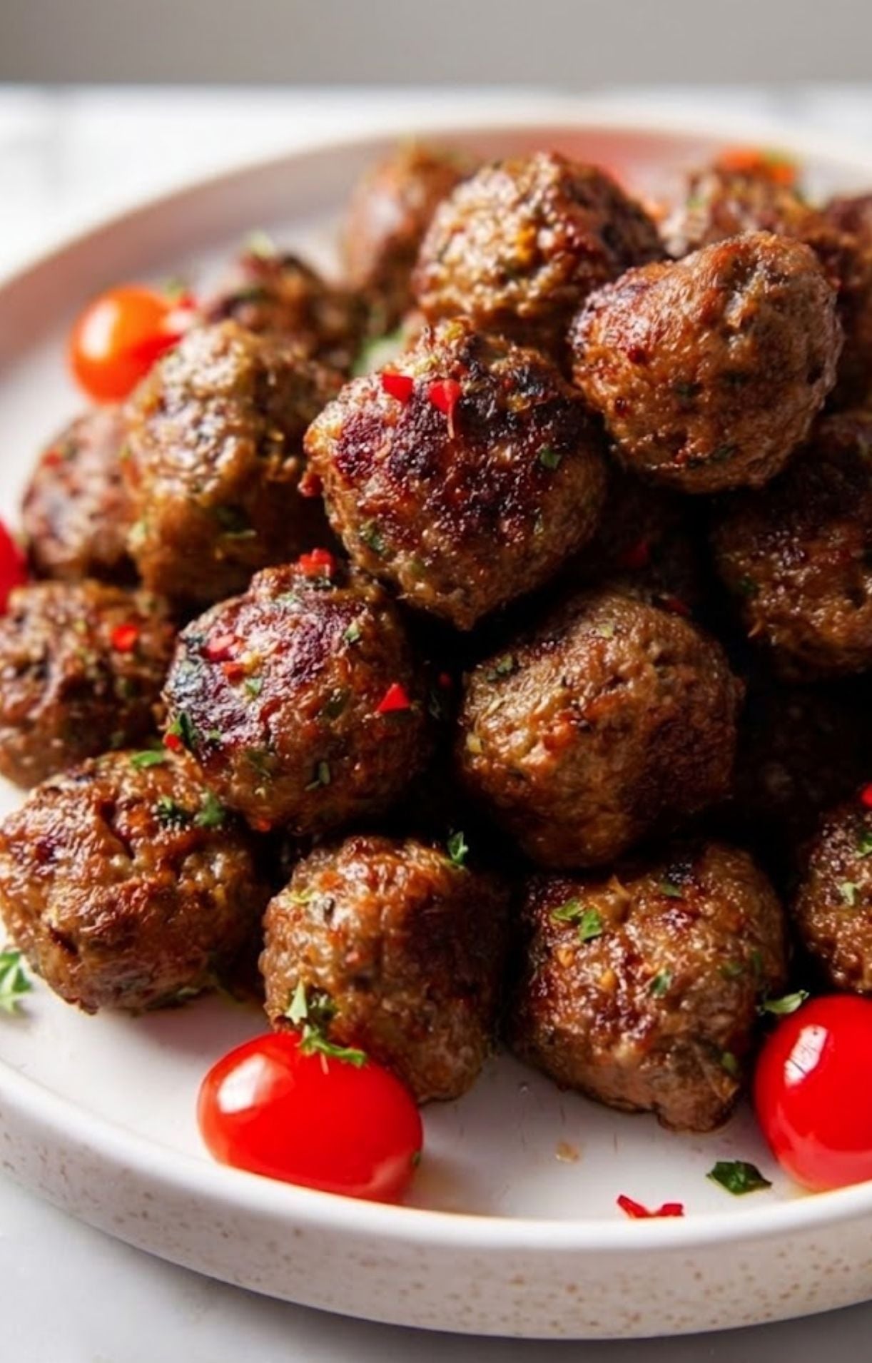 A pile of perfectly seared lamb kofta meatballs on a white plate decorated with cherry tomatoes and chopped red chilies.