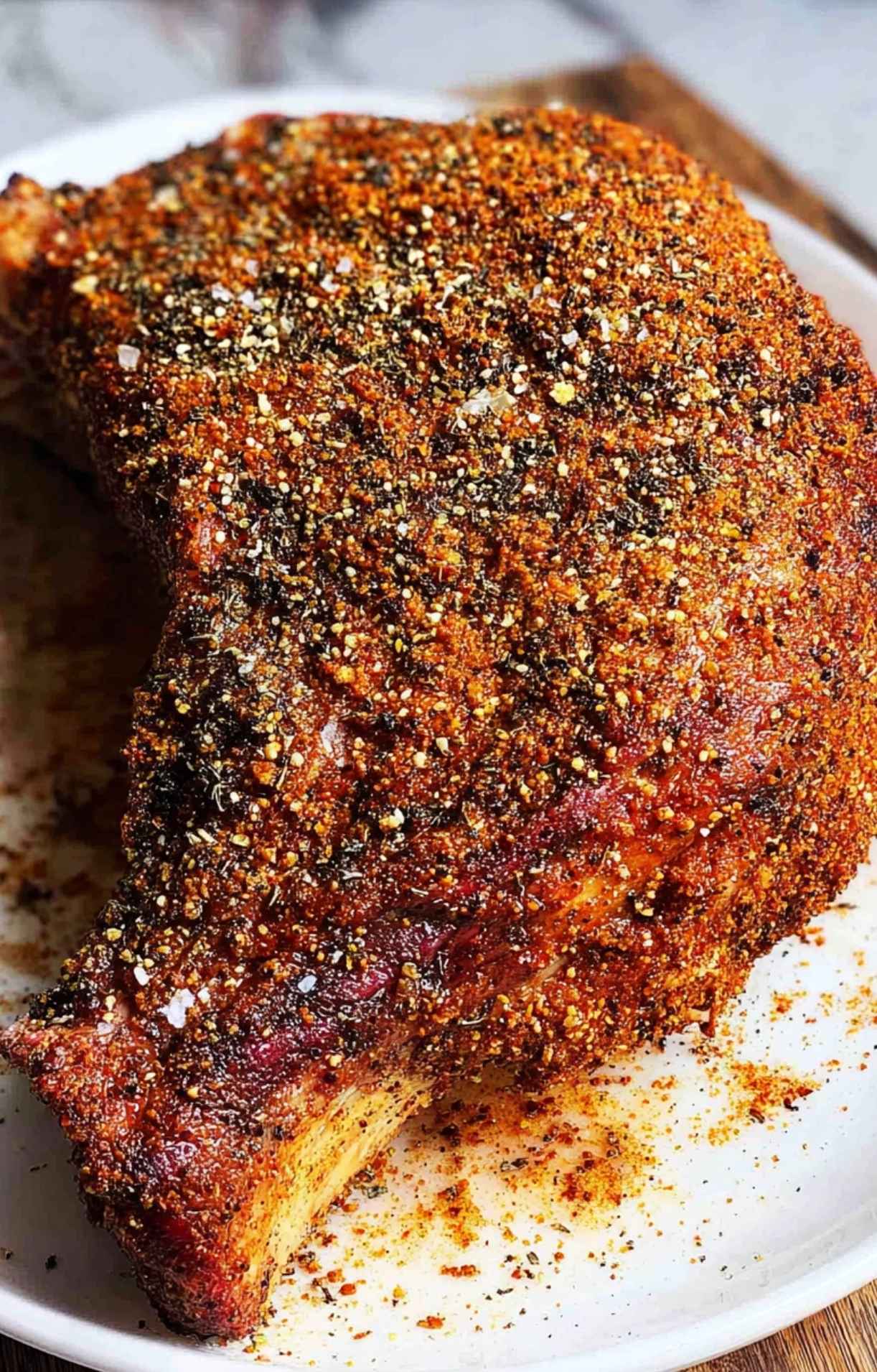 A close-up of the thick spice rub and coarse salt being applied to the bone-in side of a raw prime rib roast on a white plate.