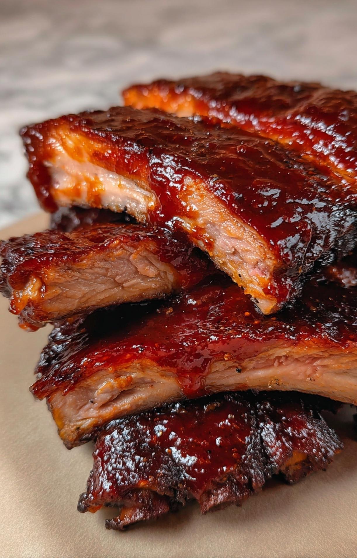 Macro shot of a stack of sliced baby back ribs showing the smoke ring and juicy texture on brown butcher paper.