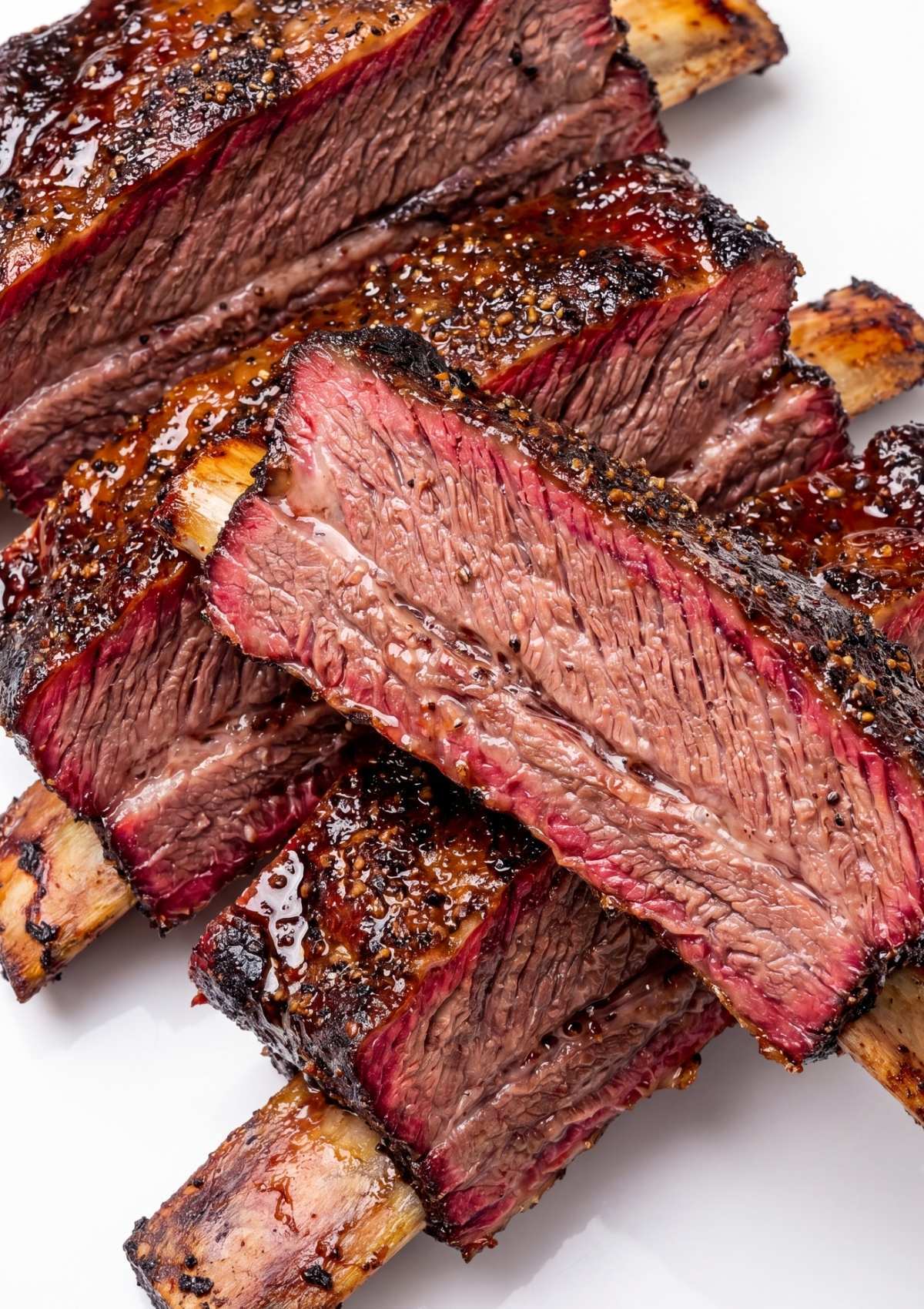 beef ribs pellet smoker recipe with stacked ribs showing bark crust and juicy smoked meat texture