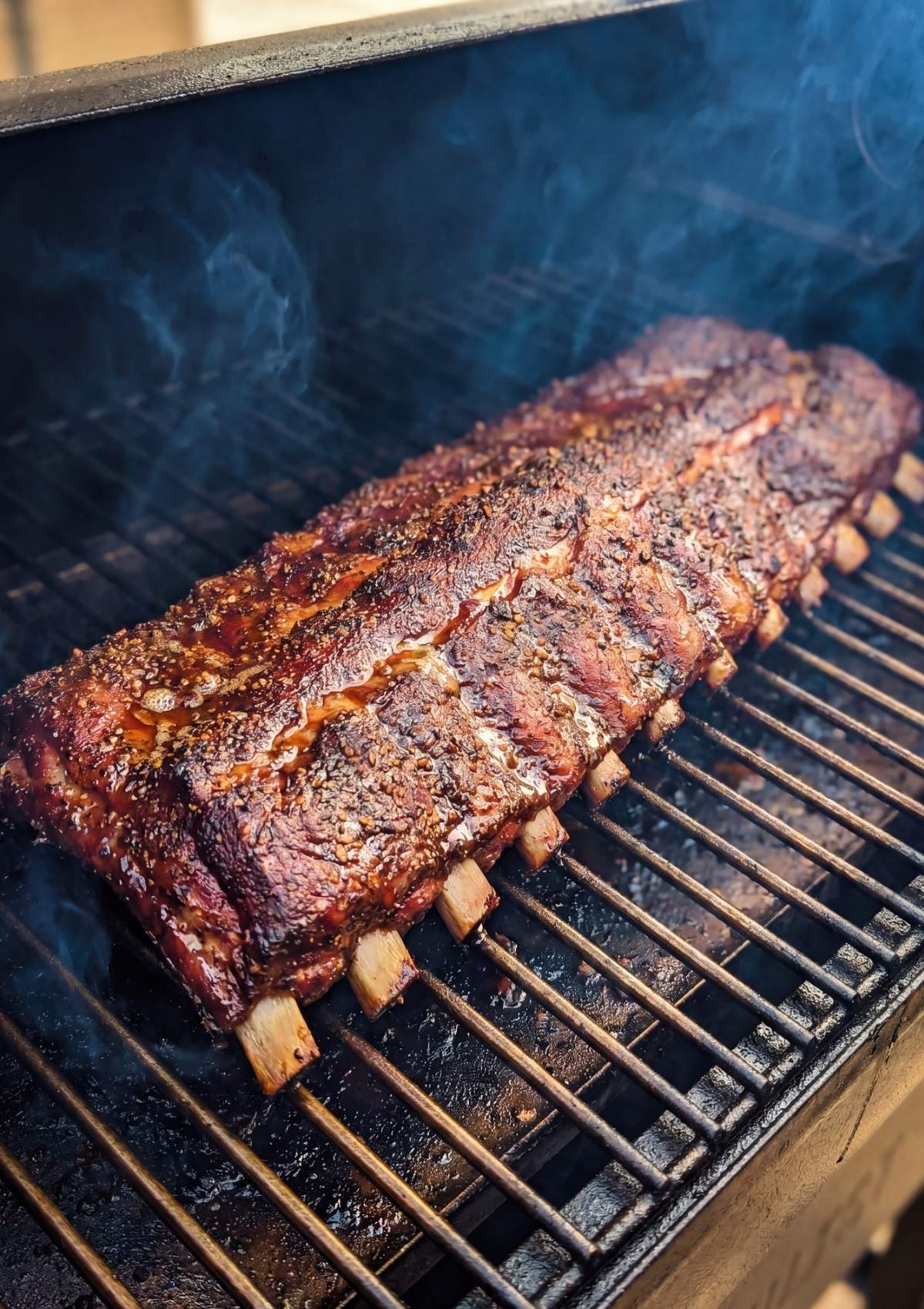 spare ribs cooking on pellet smoker grill with smoke and seasoning crust forming
