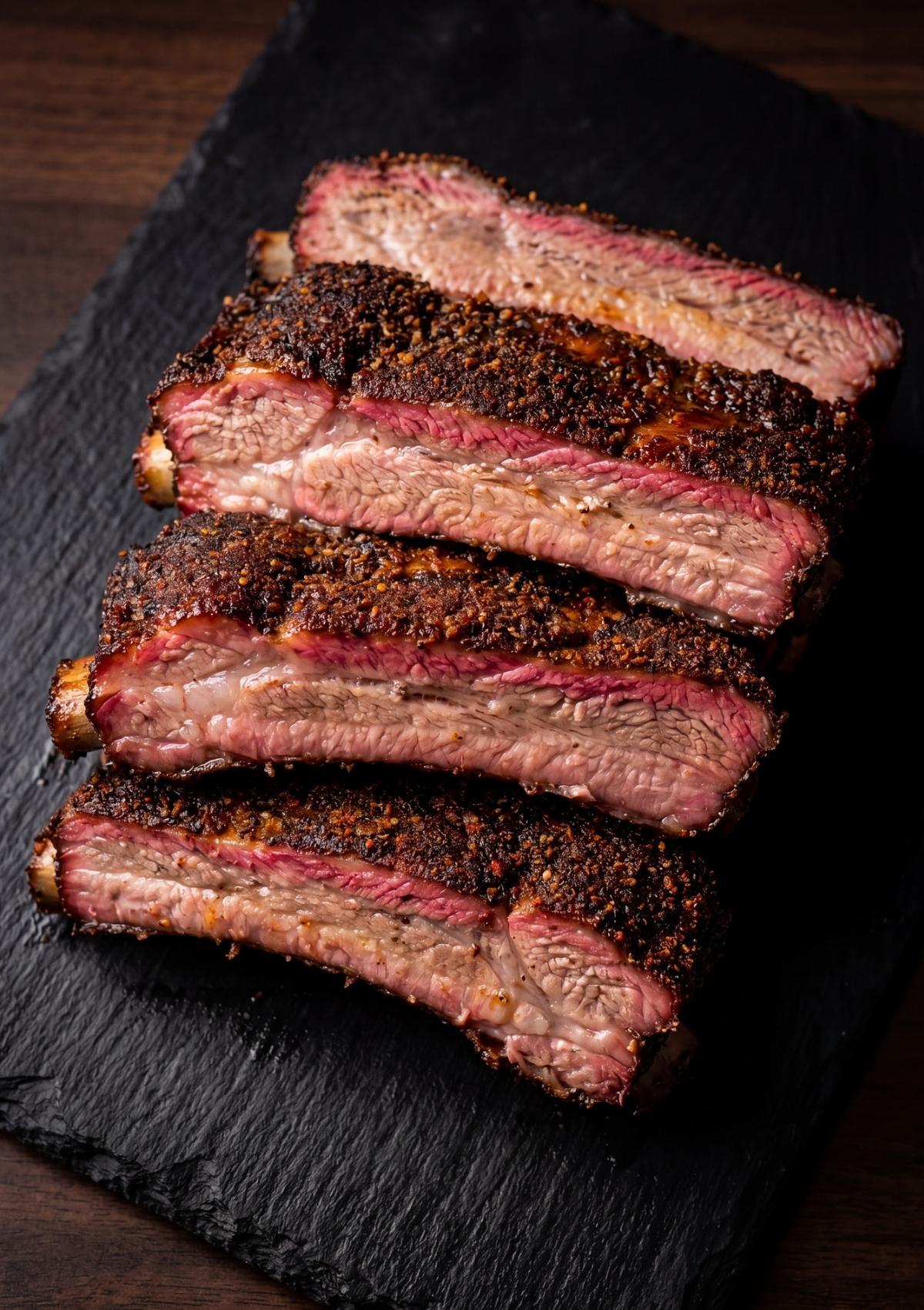 close up of sliced pellet smoker memphis ribs recipe with juicy meat smoky flavor and crispy bark