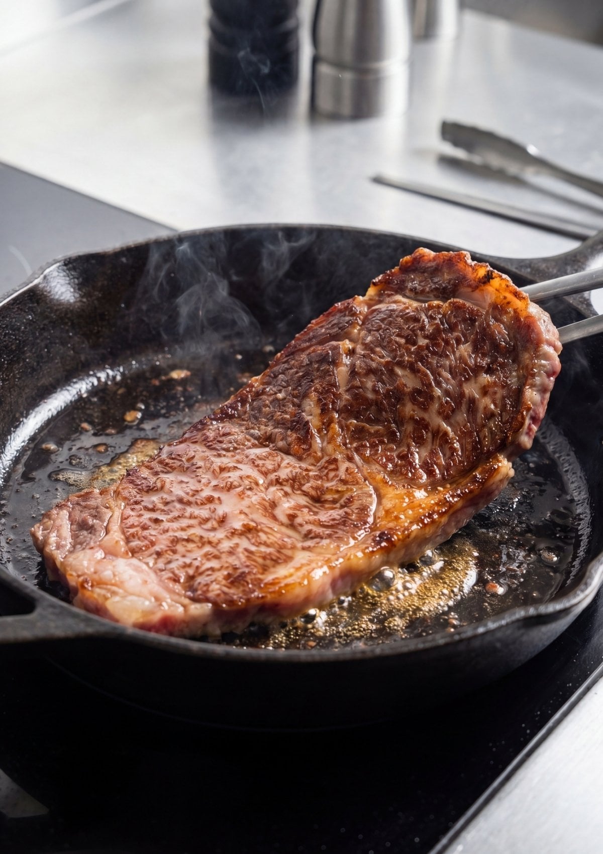 Japanese A5 wagyu beef recipe finished steak in pan with crispy crust and buttery texture steakhouse at home