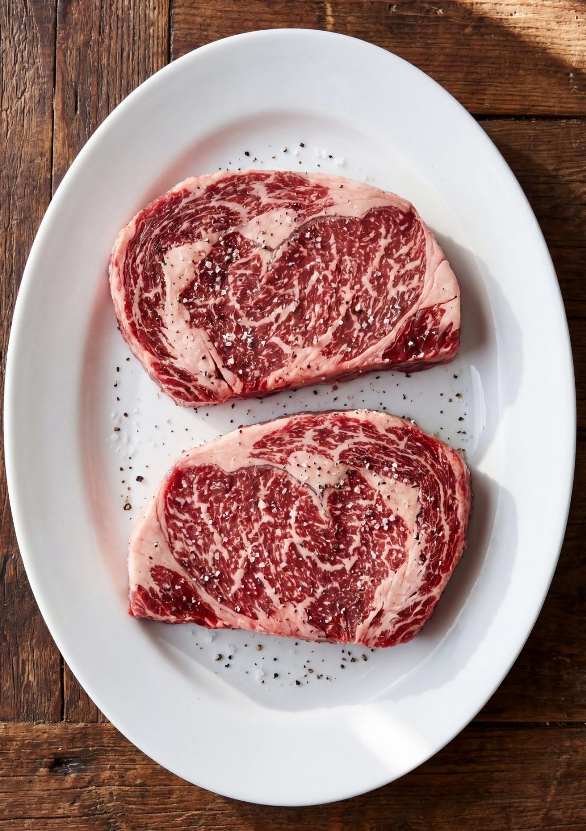 Two raw Wagyu ribeye steaks on a white oval platter generously seasoned with coarse salt and cracked black pepper.