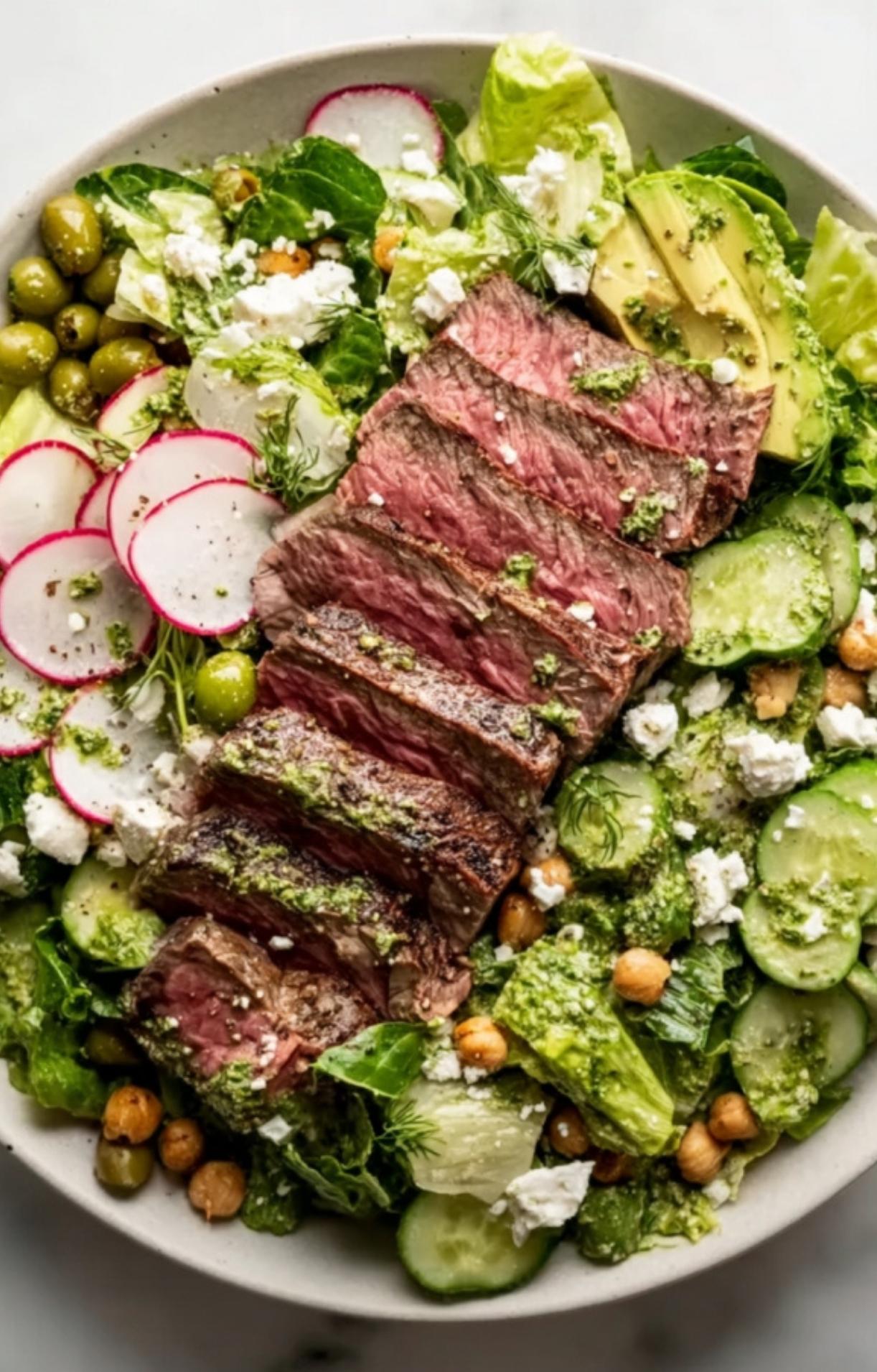 A hearty portion of an Easy Steak Salad Recipe featuring sliced steak, green olives, radishes, and sliced avocado on a bed of romaine lettuce.