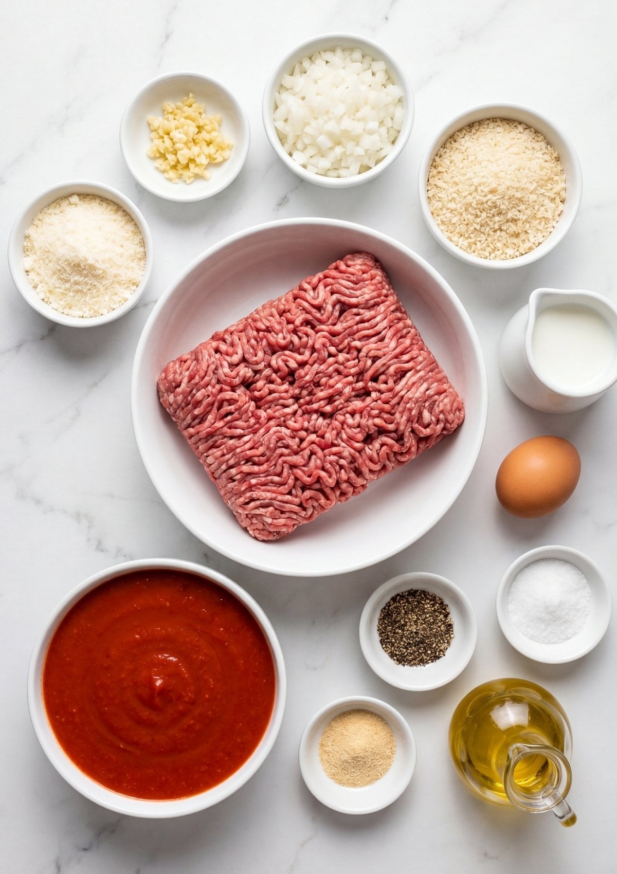 ingredients for wagyu beef meatballs ground beef egg breadcrumbs garlic tomato sauce and spices