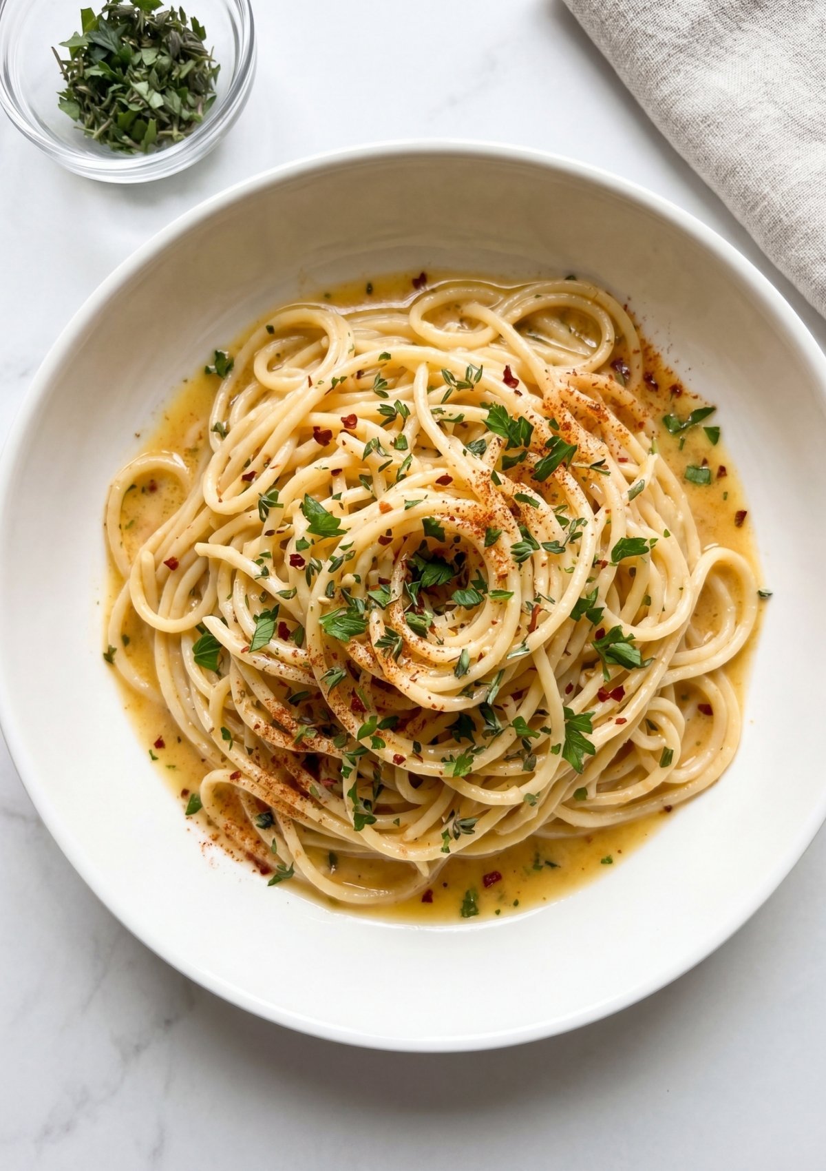 creamy cowboy butter spaghetti plated with herbs and chili flakes easy pasta dinner idea