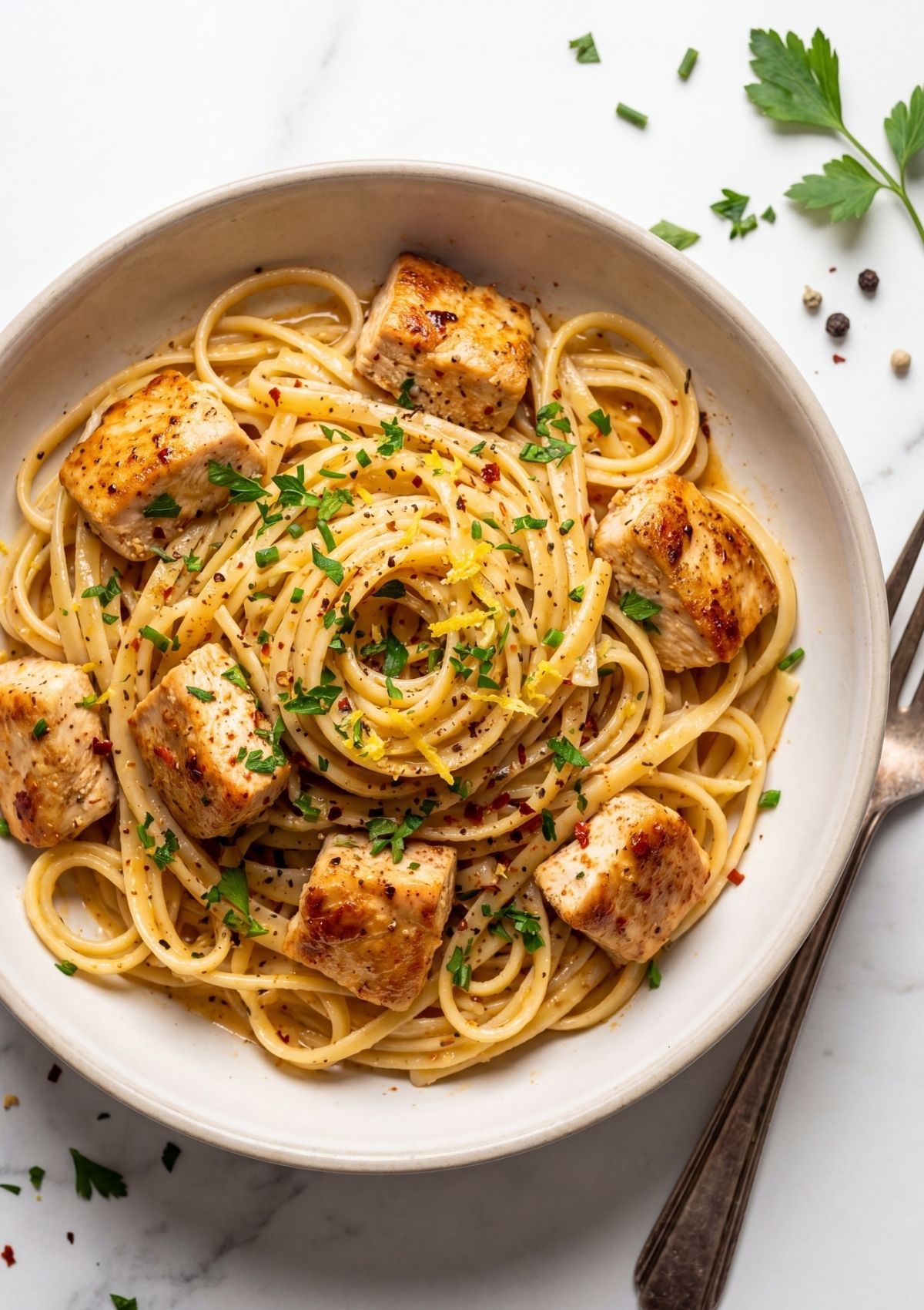 cowboy chicken spaghetti with creamy sauce chicken pieces and herbs in bowl easy comfort food dinner
