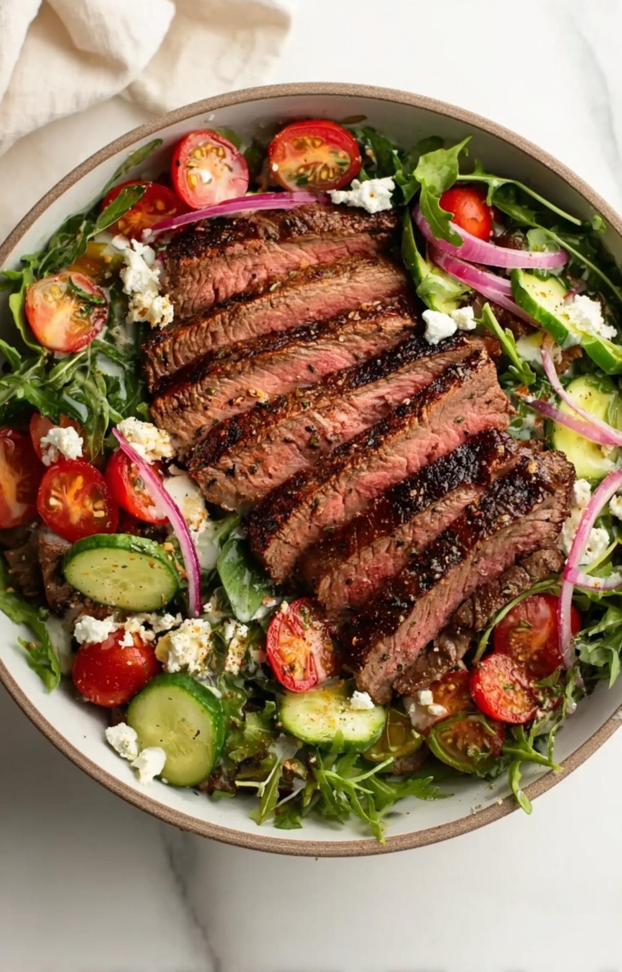 A beautifully arranged Healthy Steak Salad Recipe in a ceramic bowl, showcasing perfectly fanned steak slices as the centerpiece of a nutritious meal.