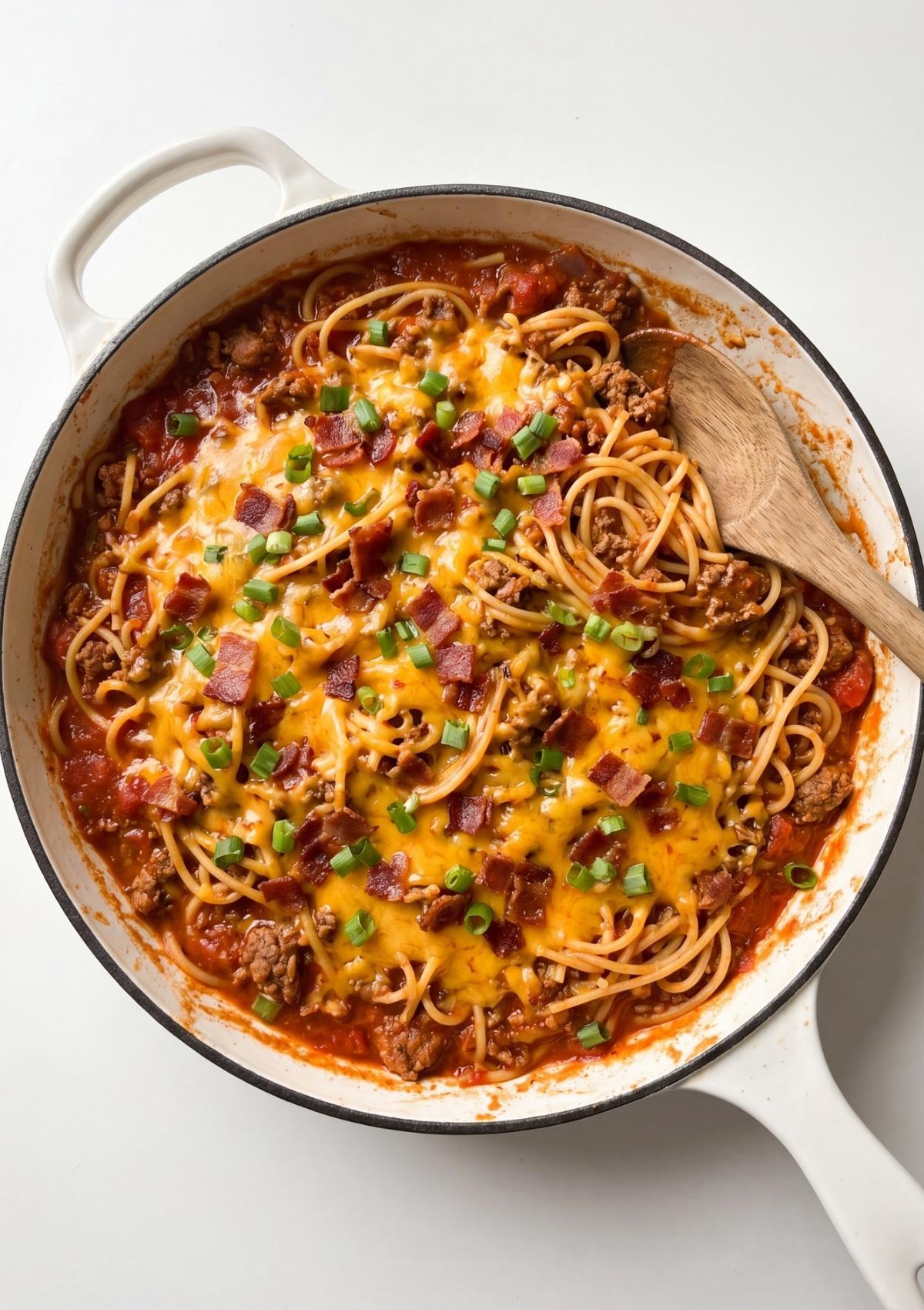 cowboy spaghetti recipe cooking in skillet with beef pasta cheese and bacon toppings