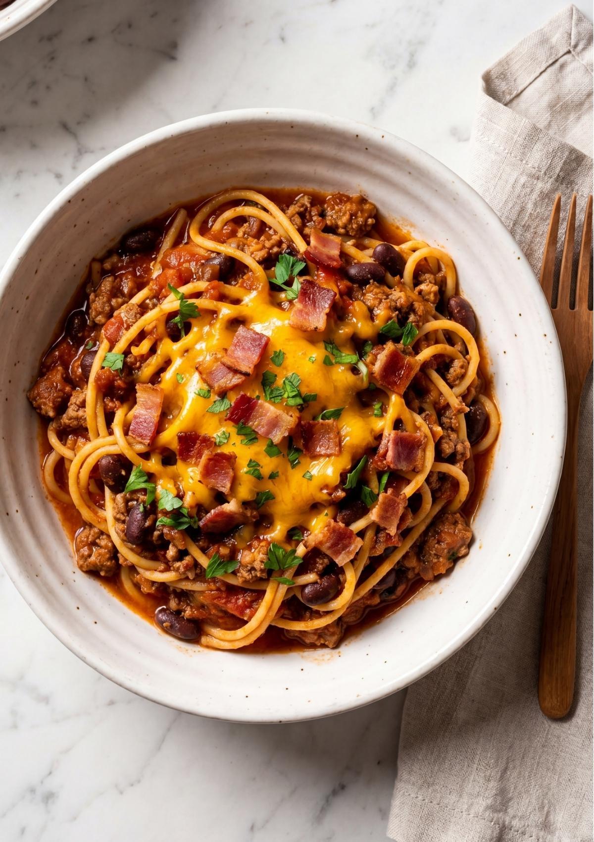 cowboy spaghetti with bacon in bowl with parsley garnish cheese and bacon pieces easy one pot weeknight dinner