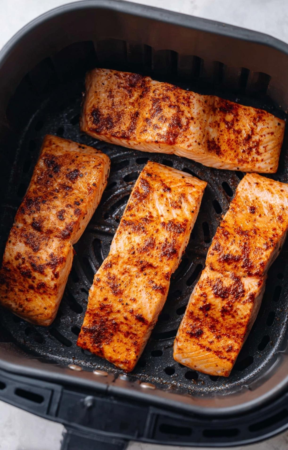 Fully cooked, crispy salmon fillets inside an air fryer basket, showcasing the results of an easy air fryer salmon recipe.