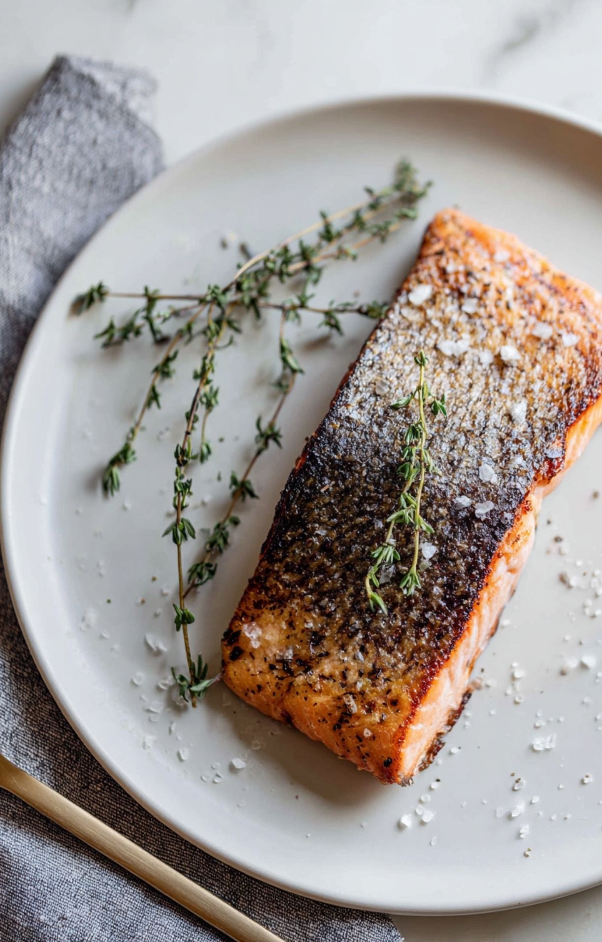 A plated salmon fillet featuring crispy skin and flaky texture, styled with fresh thyme and flaky sea salt.
