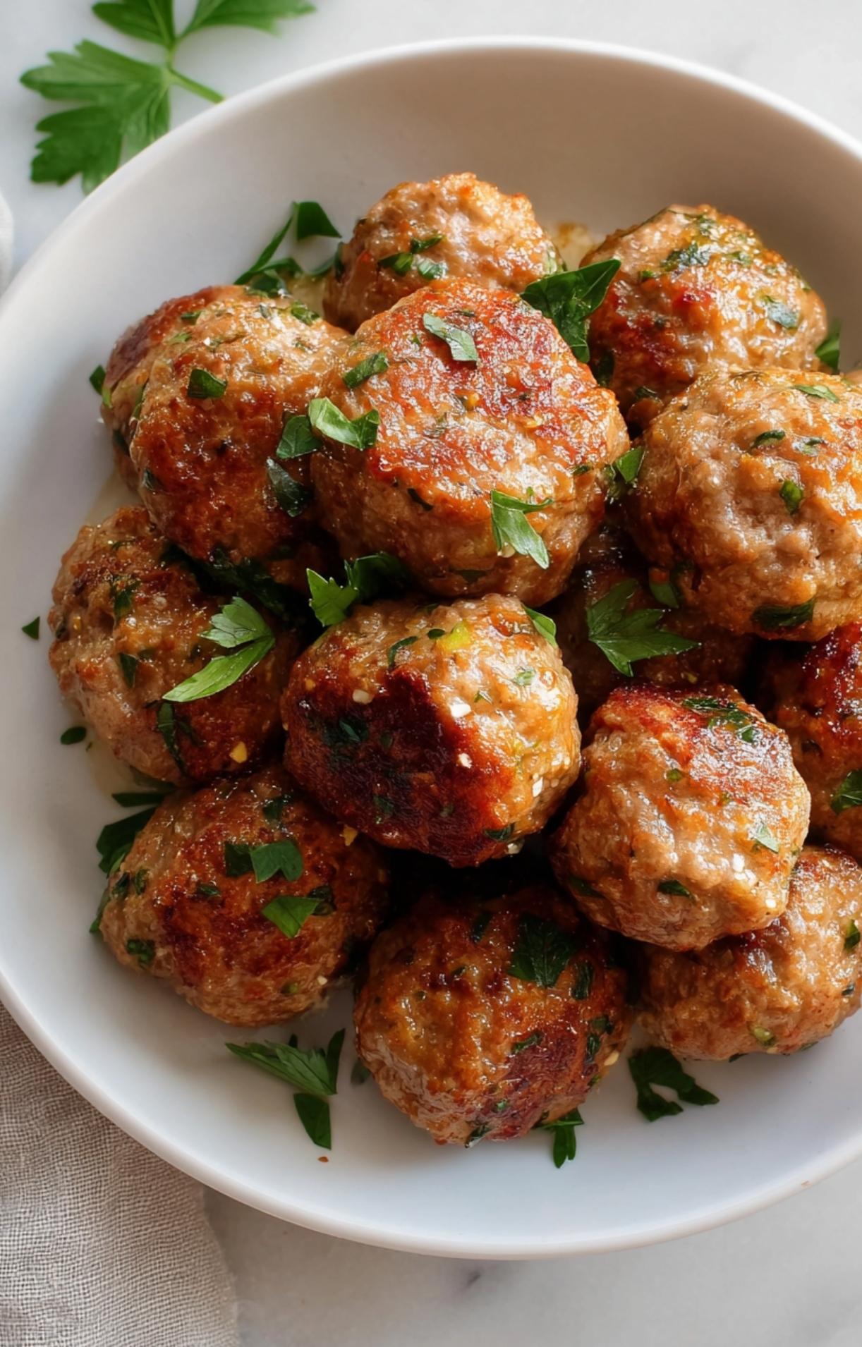 A heap of air fried turkey meatballs in a white bowl, showing consistent browning and fresh herb toppings.