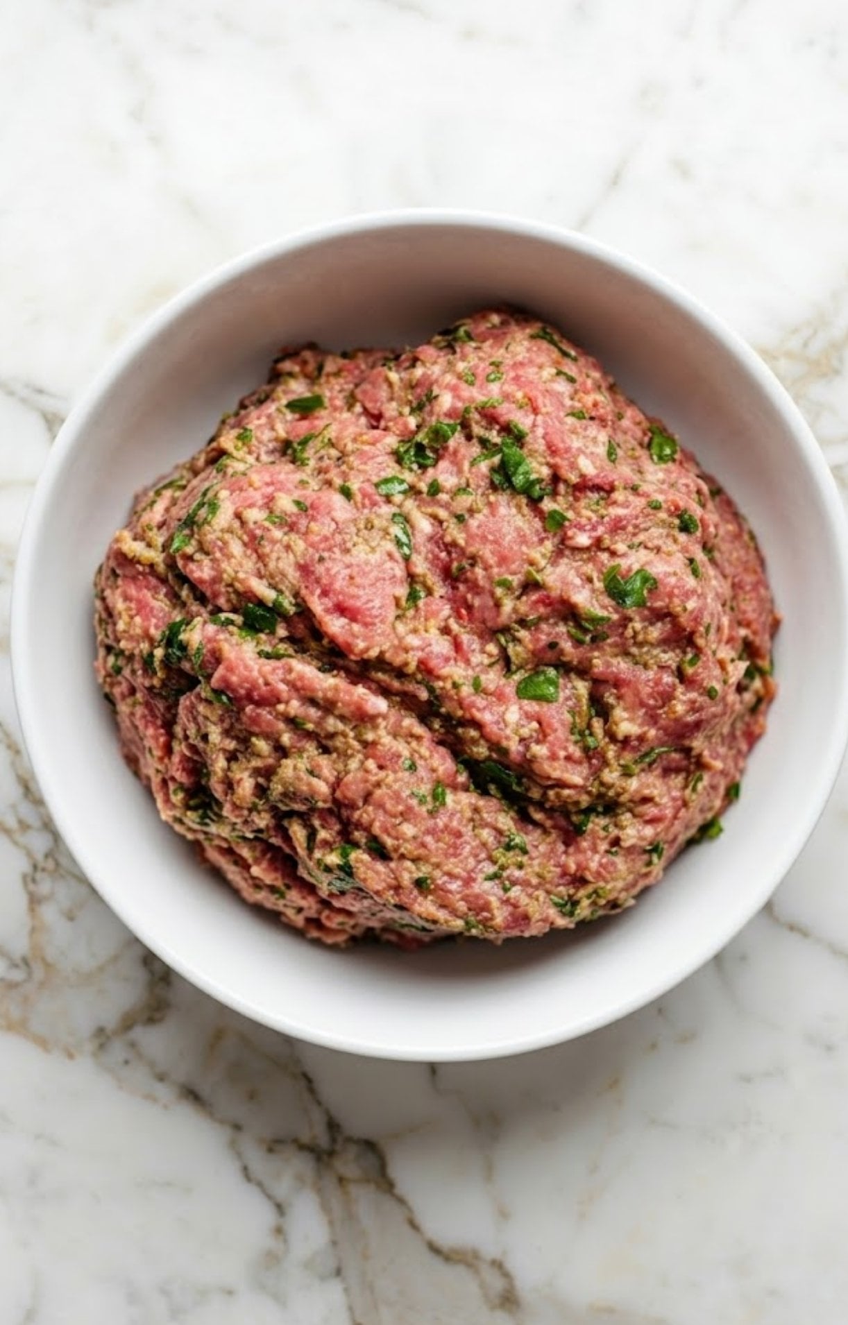 Ground lamb thoroughly mixed with green herbs and spices in a white ceramic bowl, ready to be rolled into meatballs.