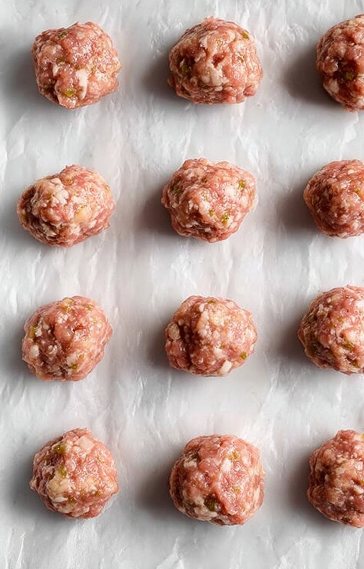 Rows of perfectly portioned raw pork meatballs resting on white parchment paper before being air fried.