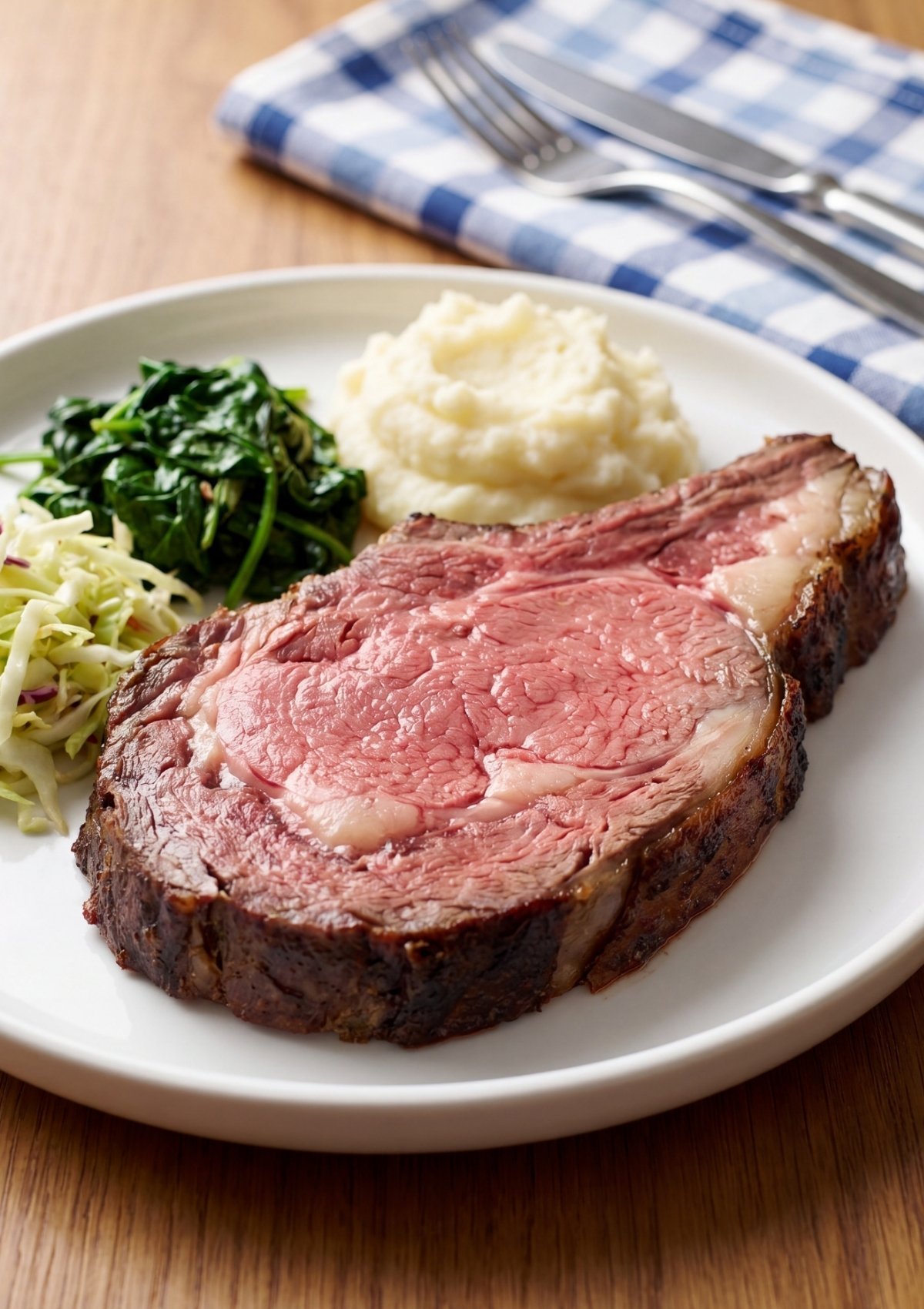A close-up of a single thick slice of medium-rare standing rib roast on a plate with mashed potatoes, sautéed spinach, and salad.