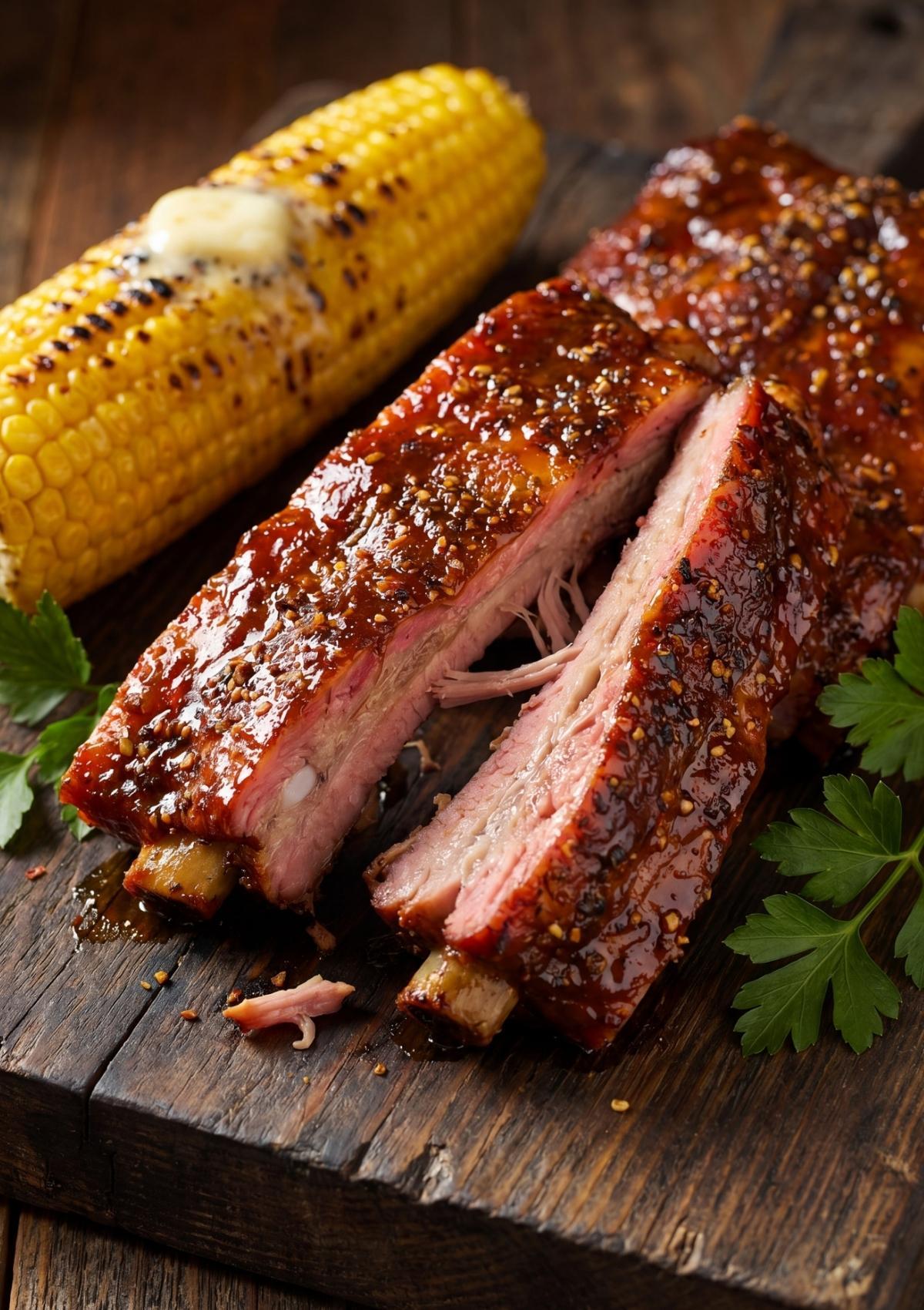 Pit Boss pellet smoker rib recipe with sliced ribs and grilled corn showing smoky backyard BBQ meal