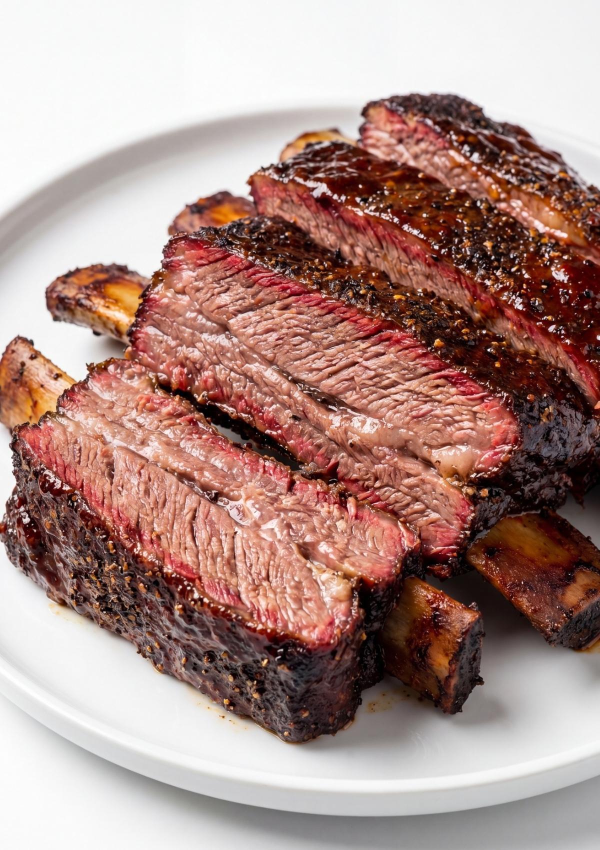 beef ribs pellet smoker recipe with sliced beef ribs served on plate showing tender juicy interior