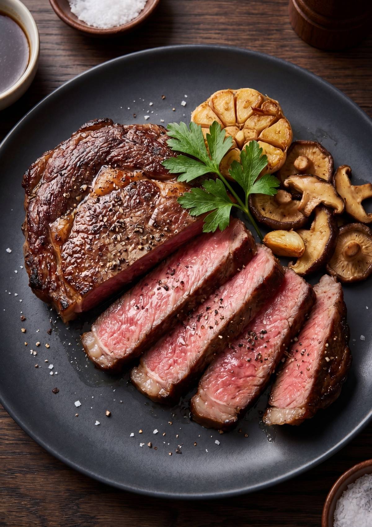 A gourmet plating of sliced Wagyu steak on a dark grey plate served with sautéed shiitake mushrooms, roasted garlic, and a sprig of parsley.