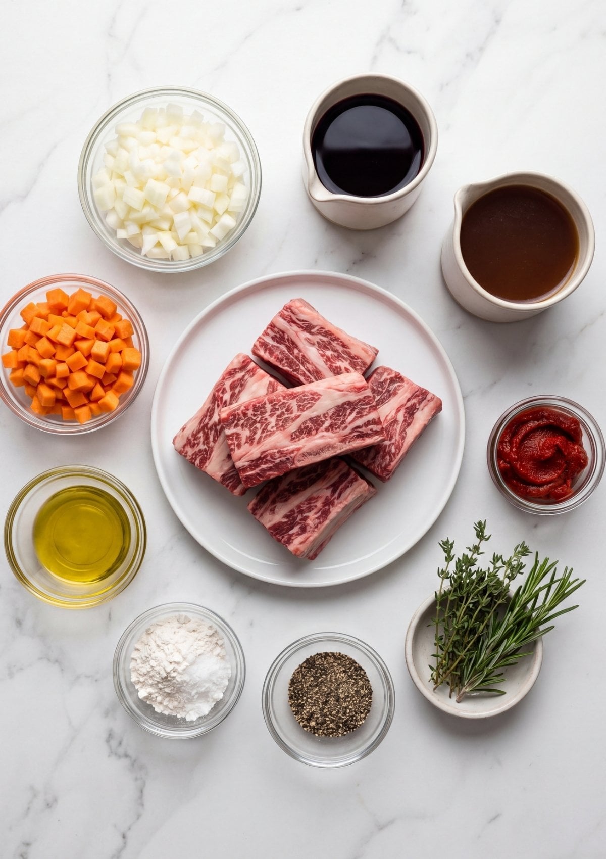 ingredients for braised wagyu beef short ribs with vegetables broth wine and herbs