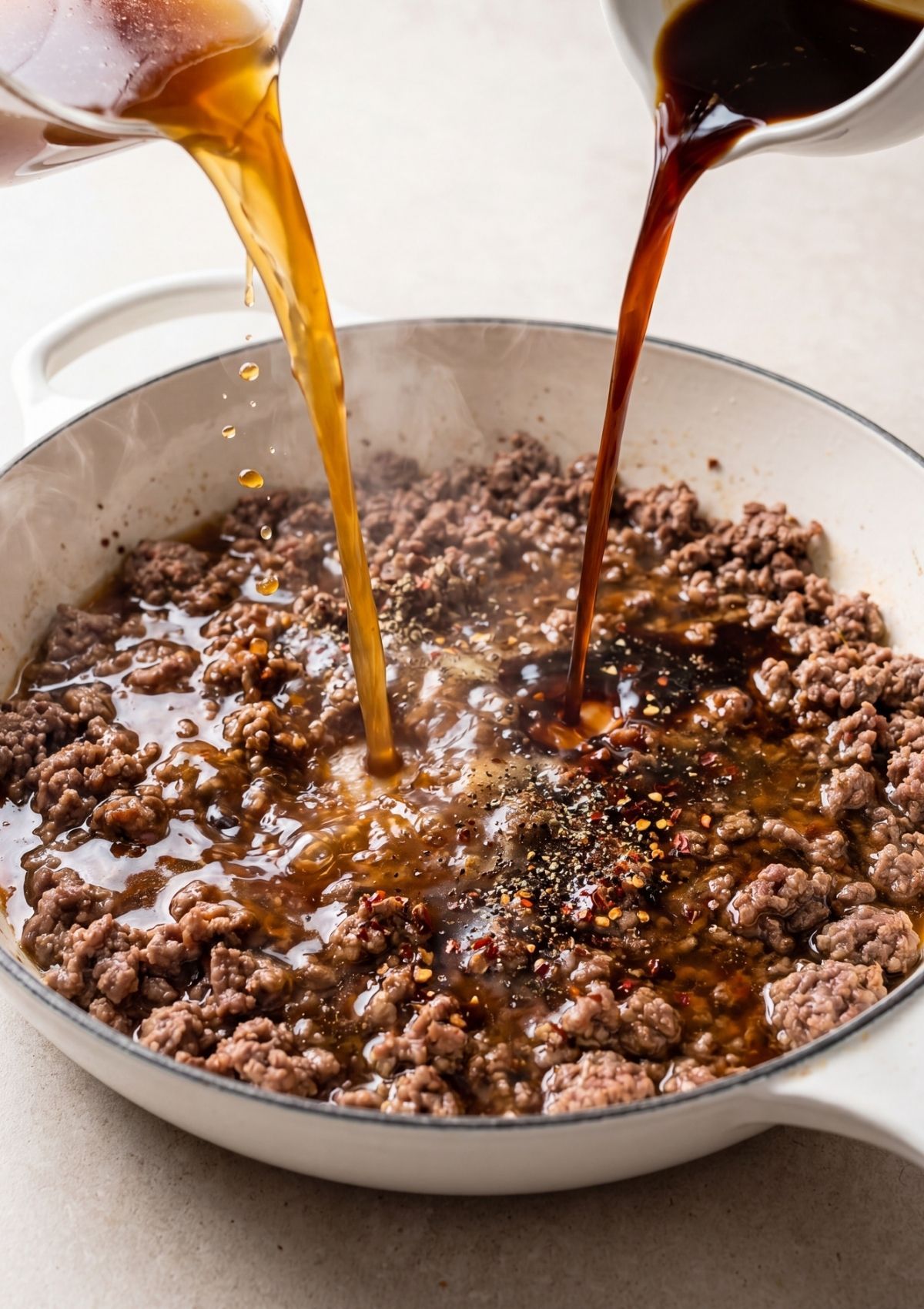 broth and sauce poured into skillet for cowboy spaghetti recipe rich beef sauce