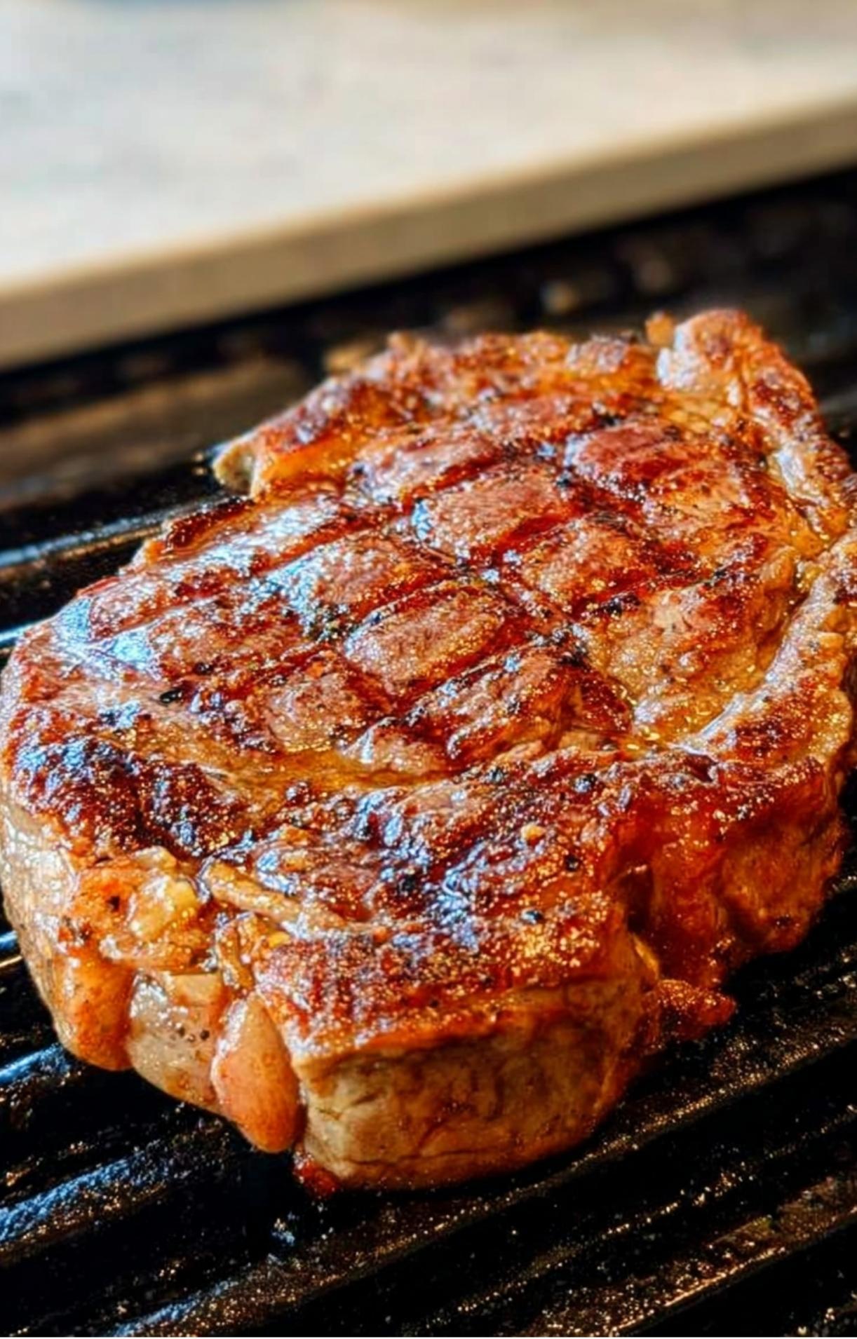 A thick cut of beef searing on a hot grill pan with distinct char marks, capturing the cooking process for a Healthy Steak Salad Recipe.