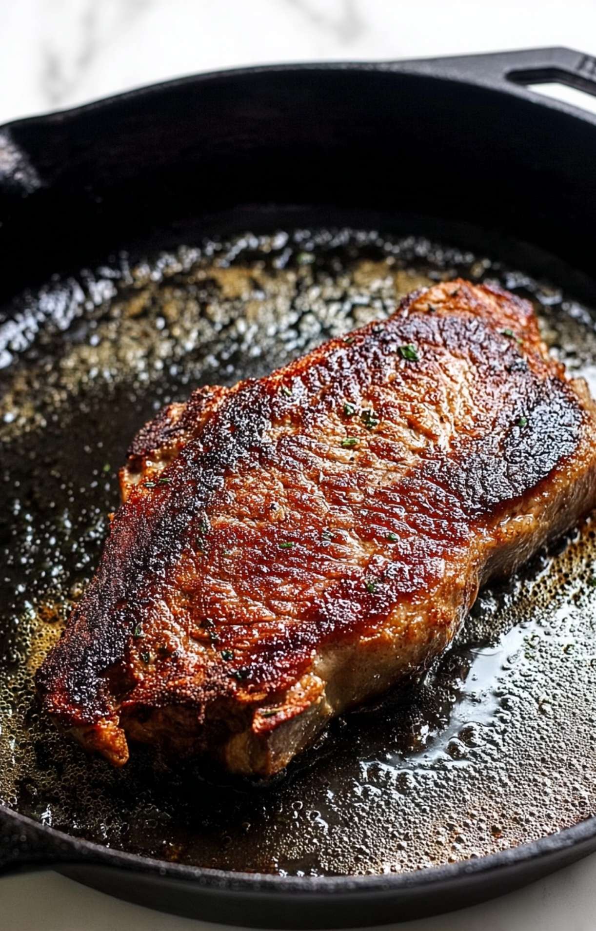 A thick steak being pan-seared in a hot cast-iron skillet with bubbling butter and herbs to create a dark, crispy crust.