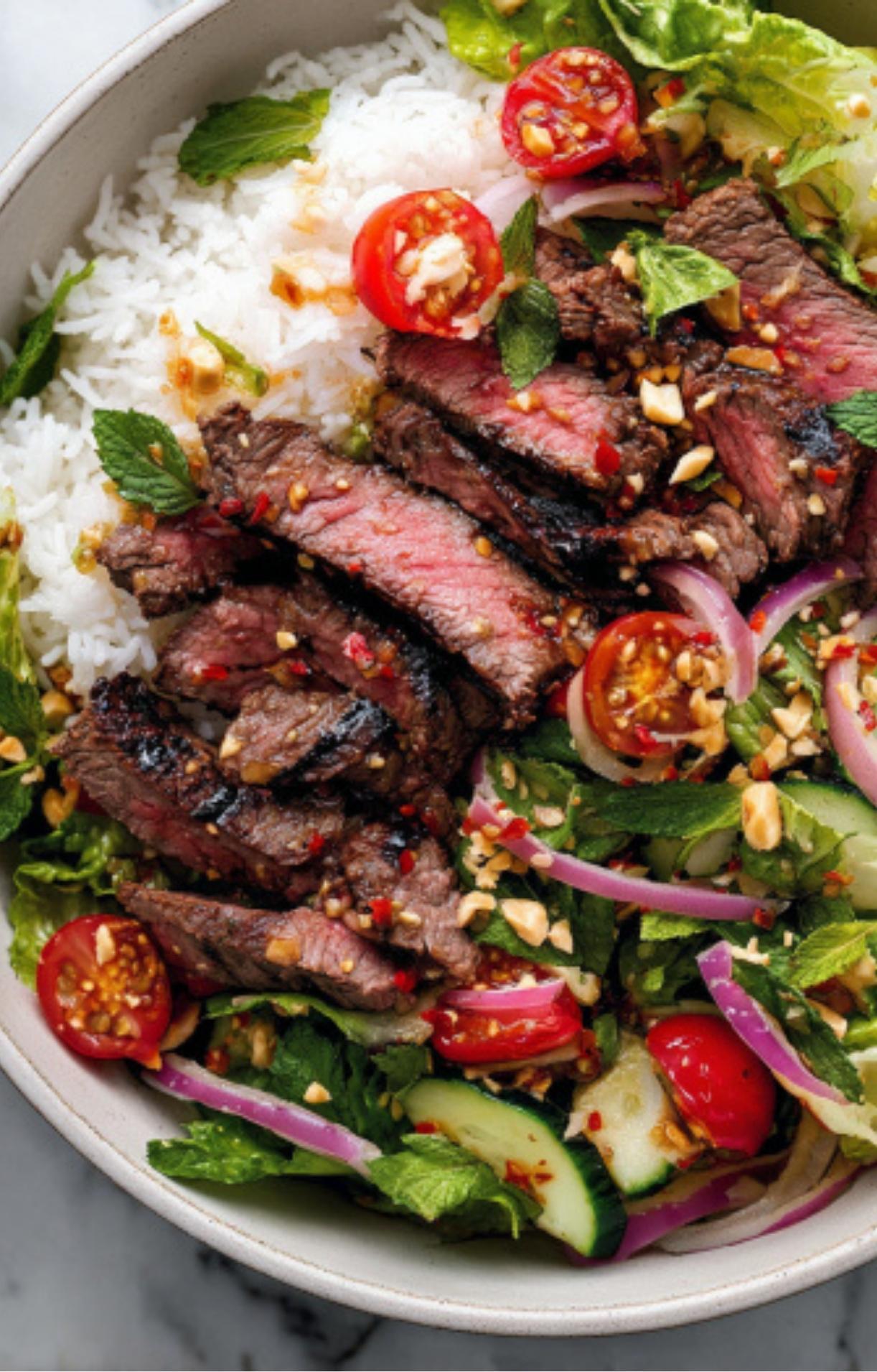 A detailed close-up of sliced steak topped with crushed peanuts and mint leaves, served alongside fluffy white rice.