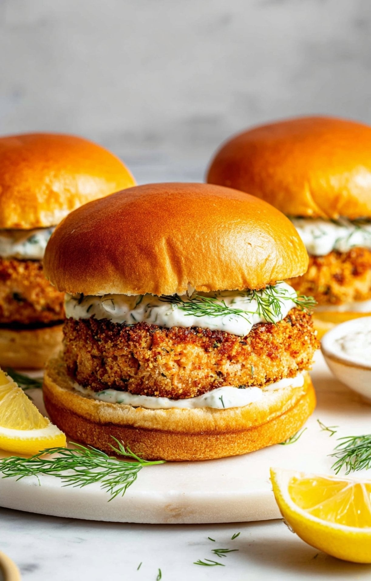 A finished salmon burger on a brioche bun topped with dill sauce and served with fresh lemon wedges.