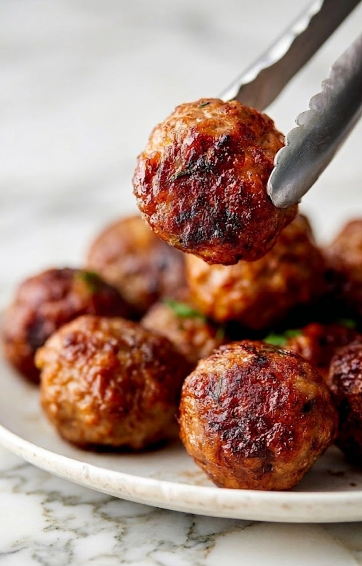 Stainless steel kitchen tongs holding up one crispy, browned pork meatball over a plate of finished meatballs.