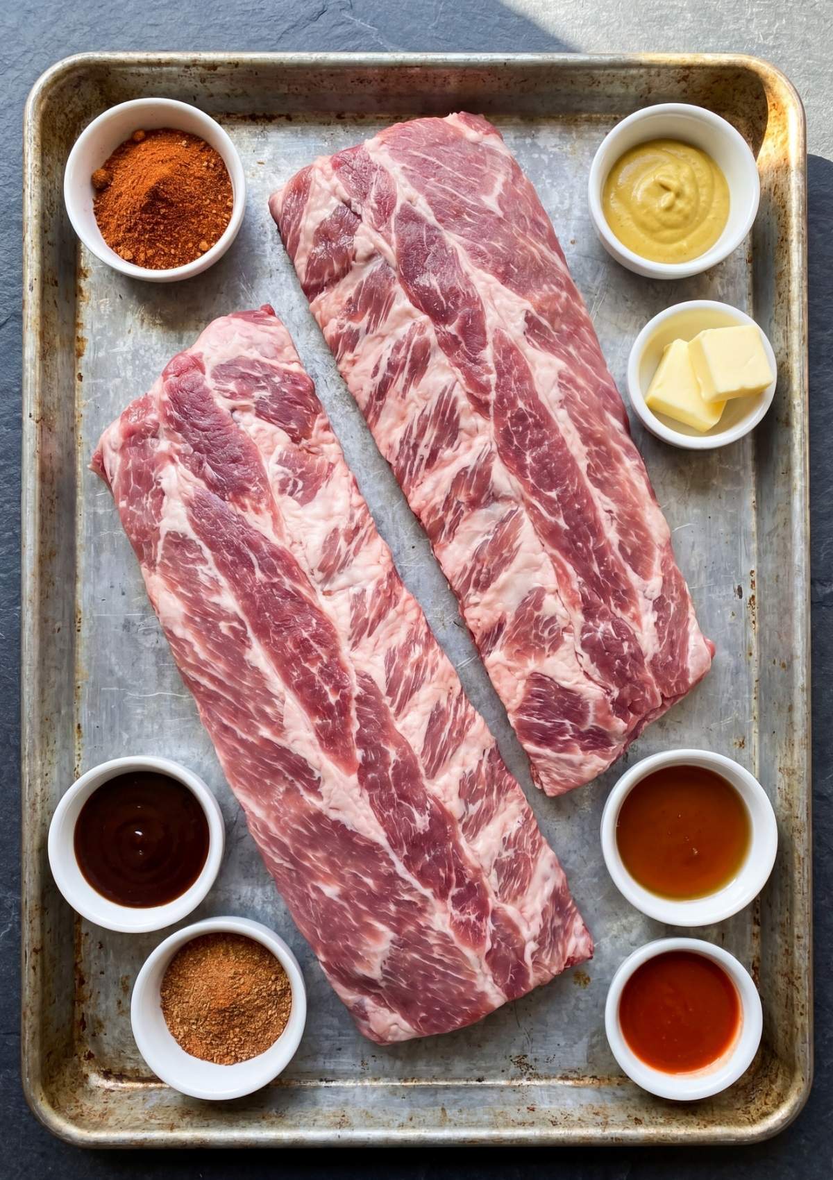 Two raw racks of pork ribs on a sheet pan surrounded by small bowls of dry rub, mustard, butter, and BBQ sauce.