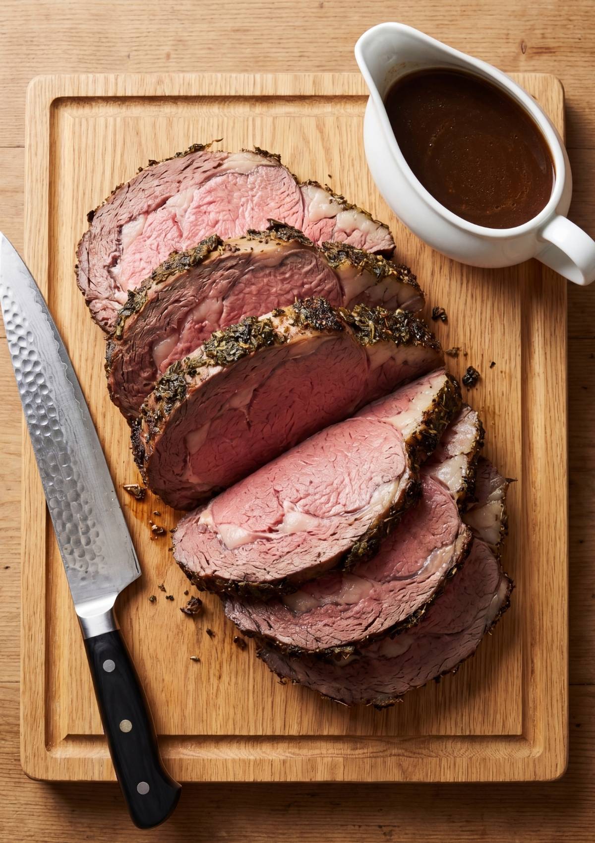A sharp carving knife sits next to several thick slices of smoked rib roast on a wooden board, revealing a perfect medium-rare pink center.