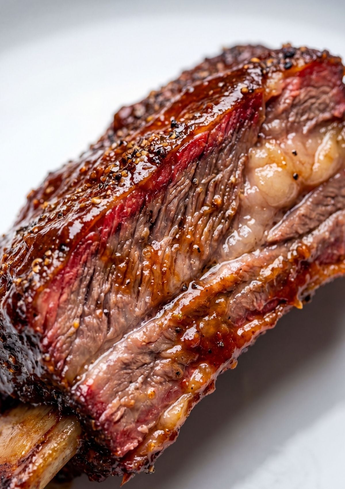 beef ribs pellet smoker recipe with close up of glazed ribs showing caramelized sauce and smoky finish