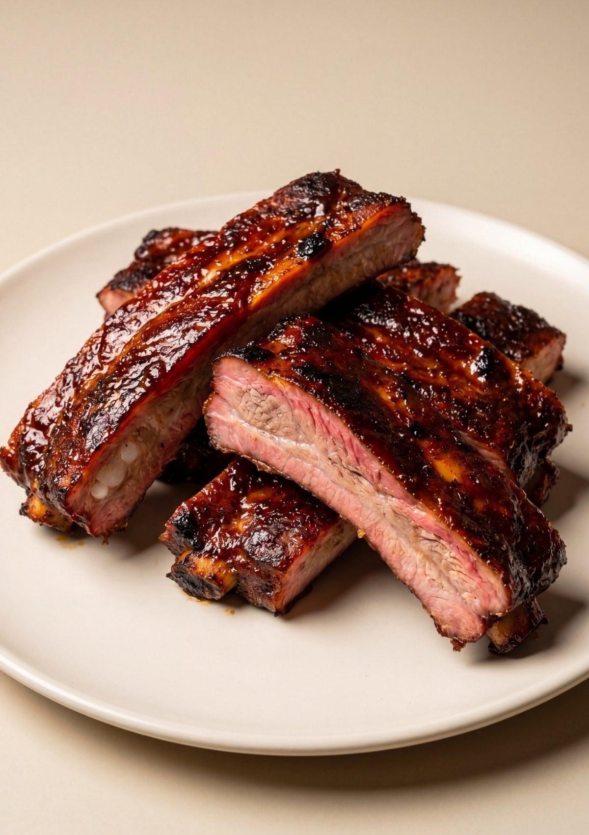 glazed smoked spare ribs stacked on plate with caramelized bbq sauce and juicy meat