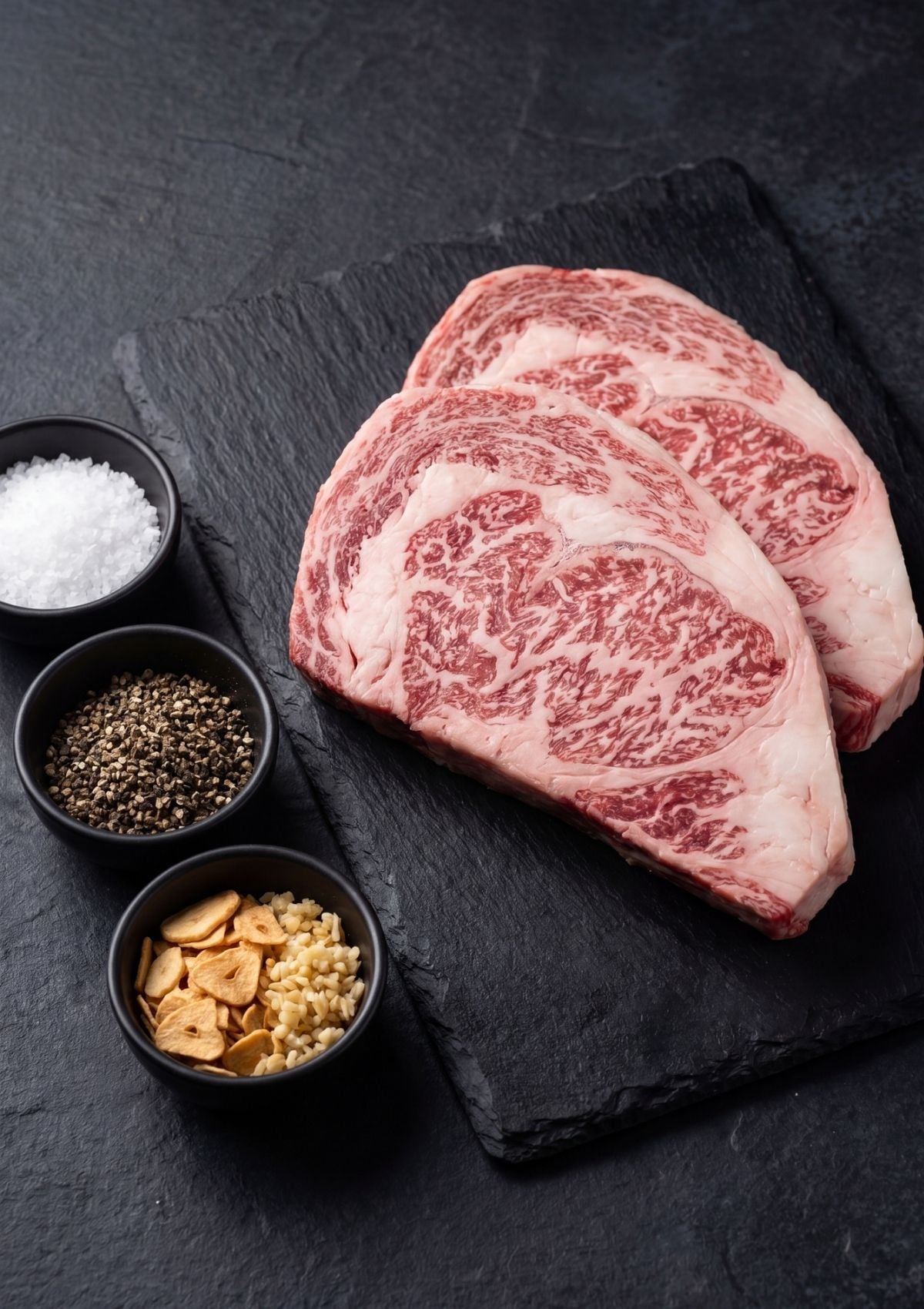 Raw, highly marbled Wagyu ribeye steaks on a black slate board next to small bowls of flaky sea salt, black peppercorns, and sliced garlic.