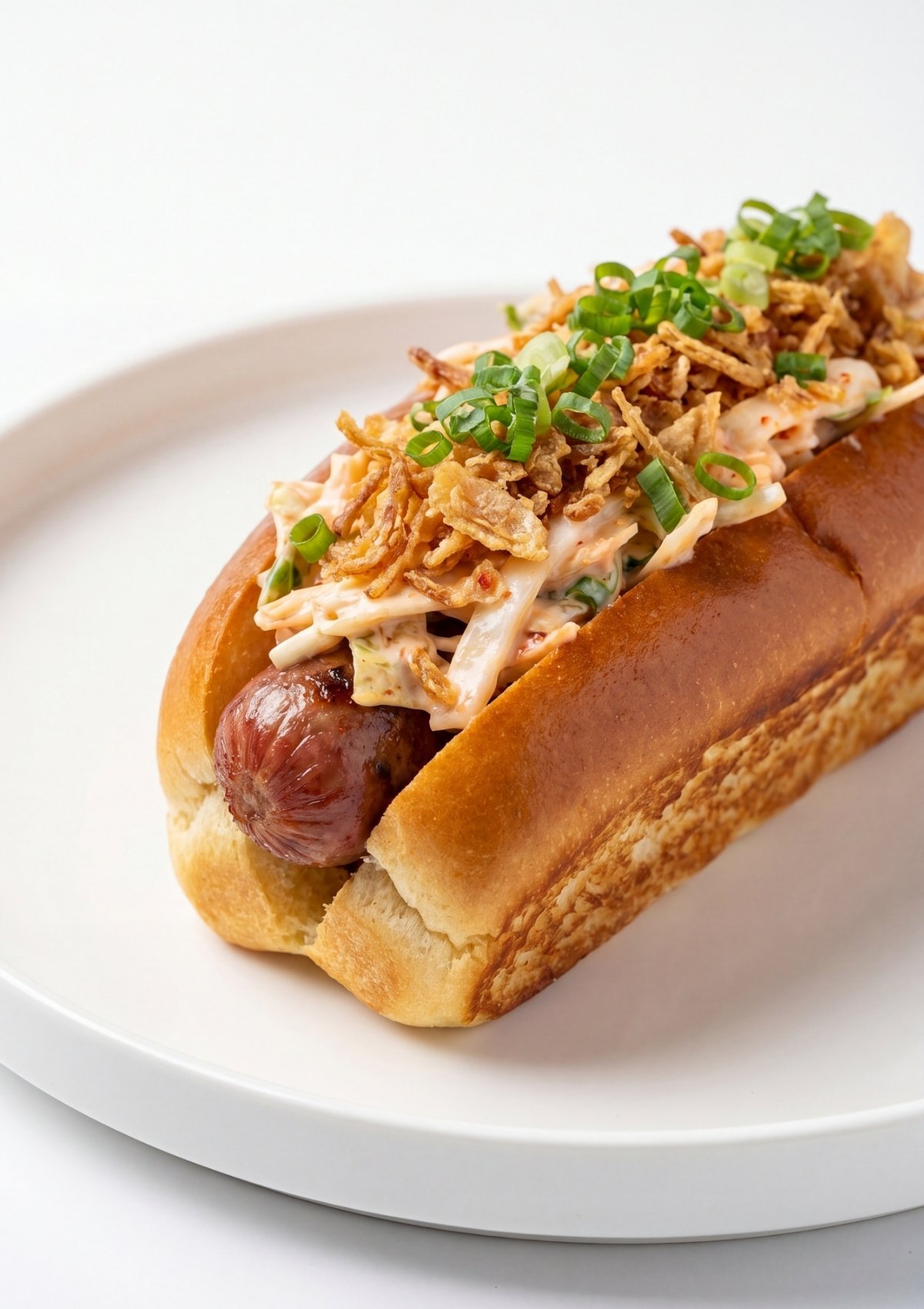 wagyu beef hot dogs close up with creamy kimchi slaw crispy onions and toasted bun easy dinner idea
