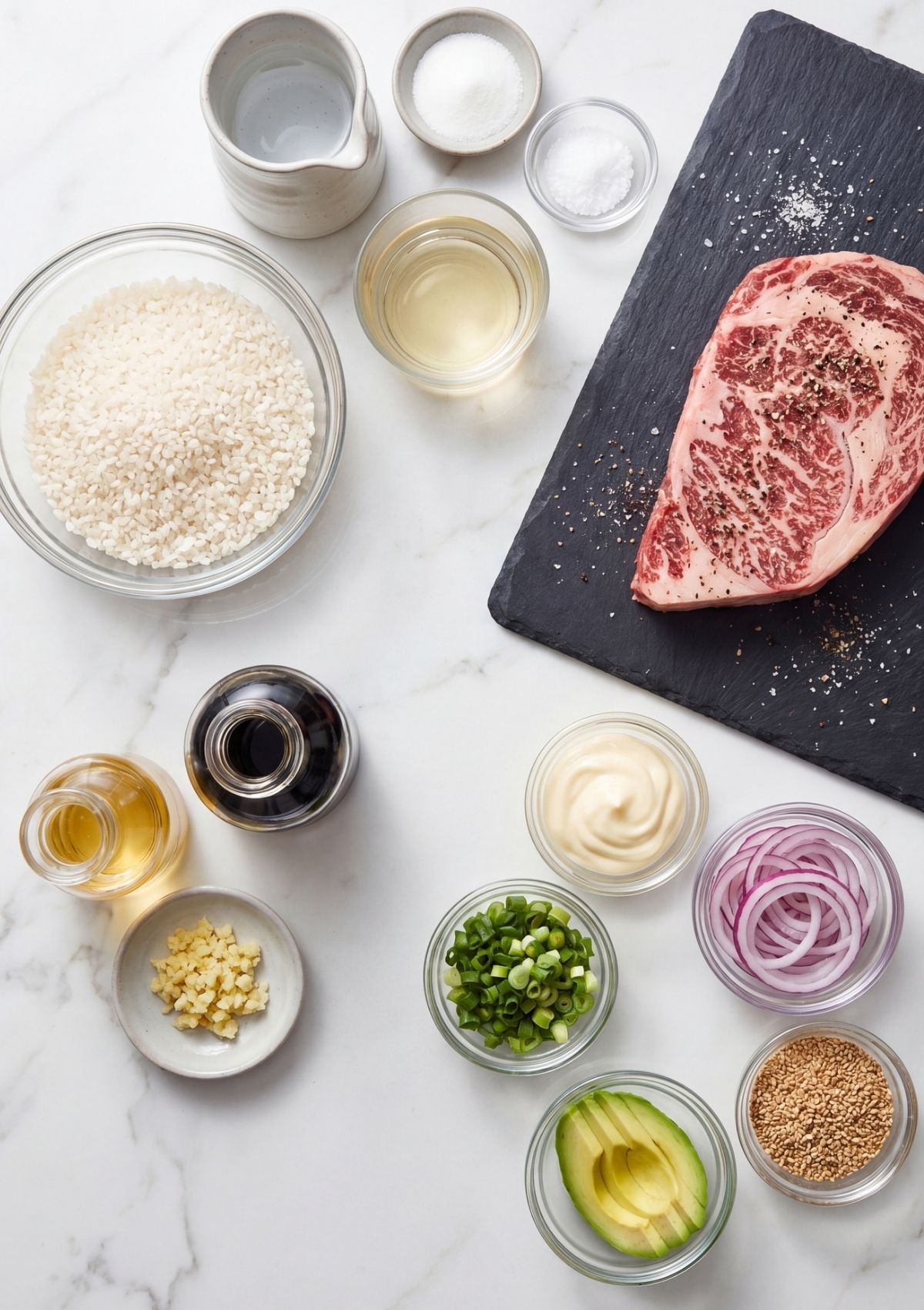 ingredients for easy wagyu beef sushi recipe with rice vinegar soy sauce avocado and wagyu beef