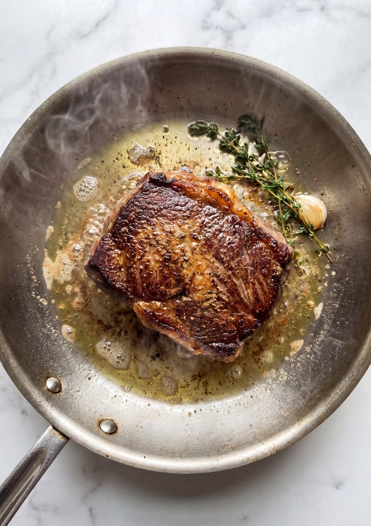 wagyu beef cheek recipe searing in pan with garlic butter and herbs step