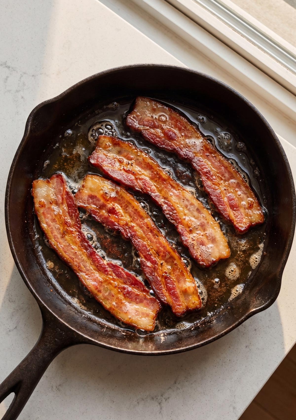 crispy bacon cooking in pan for cowboy spaghetti recipe smoky flavor
