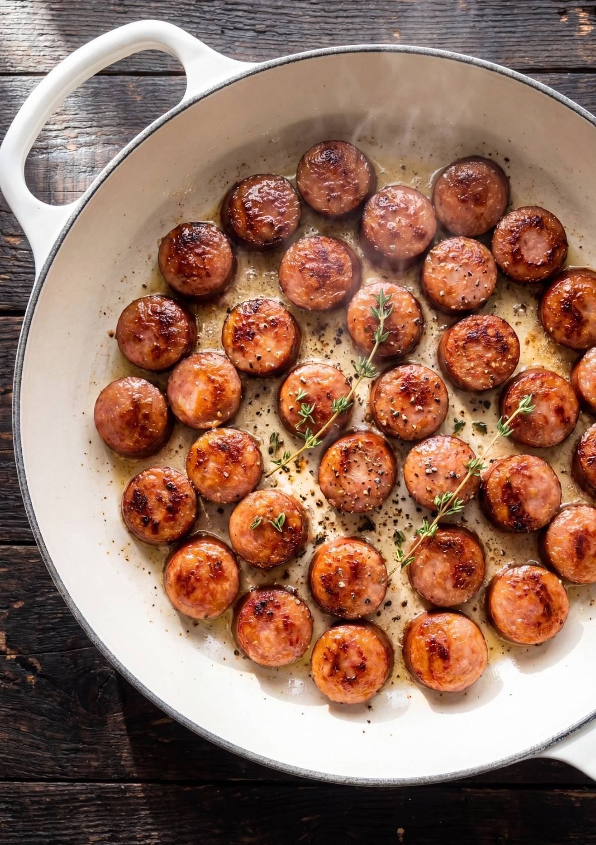sliced sausage browning in pan for one pot cowboy spaghetti recipe