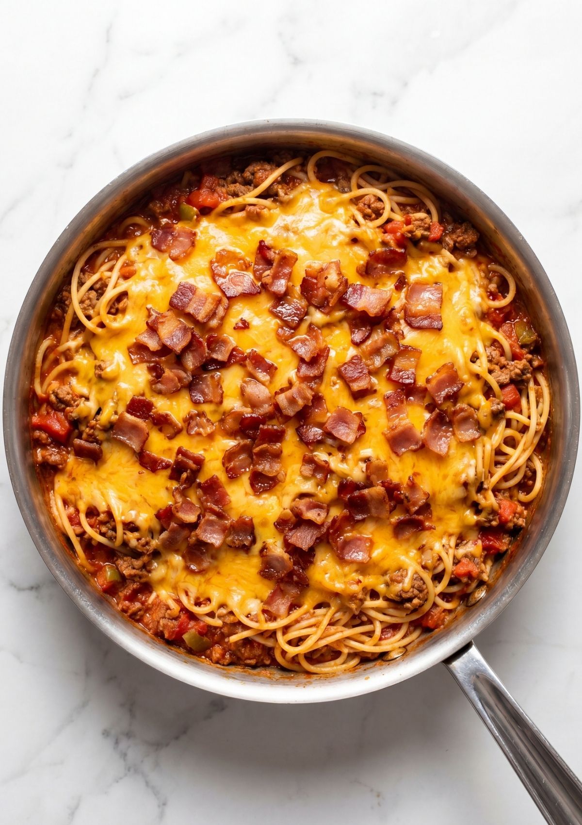 cowboy spaghetti with bacon topped with crispy bacon bits and melted cheddar cheese hearty one pot meal