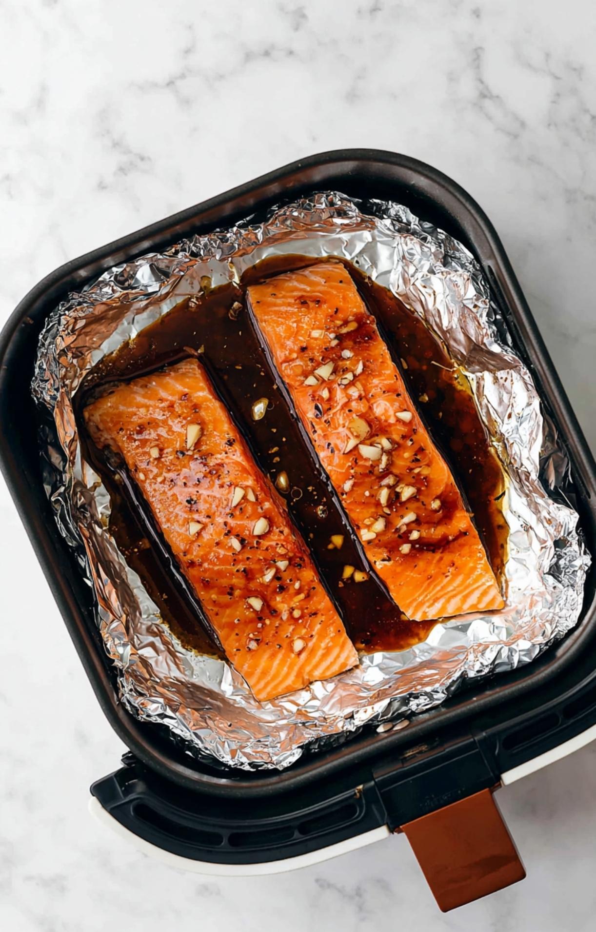 Raw salmon fillets in the air fryer basket topped with the honey garlic sauce and extra minced garlic before cooking.