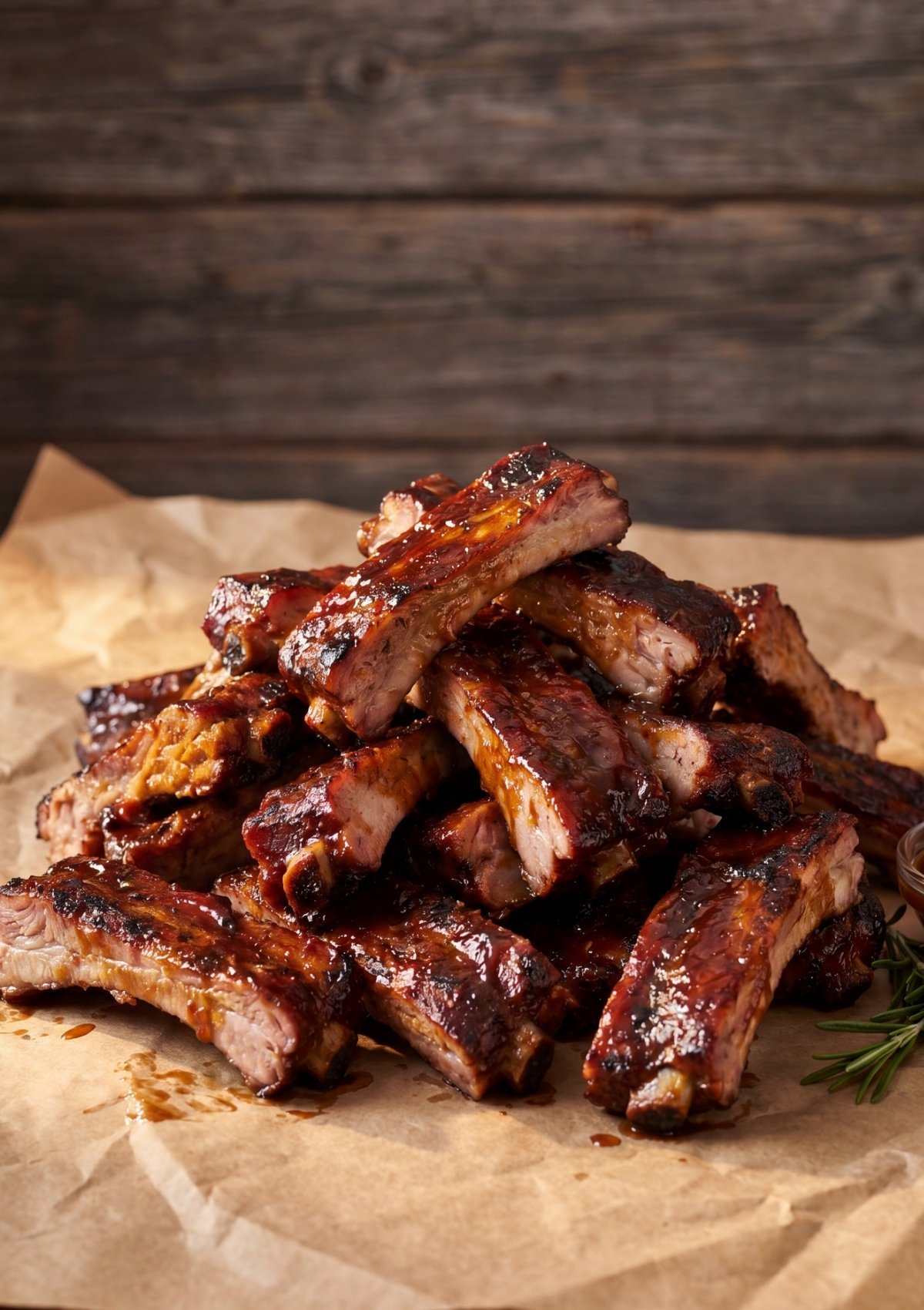 A heap of sticky, caramelized smoked party ribs on butcher paper with a sprig of rosemary and a rustic wood background.