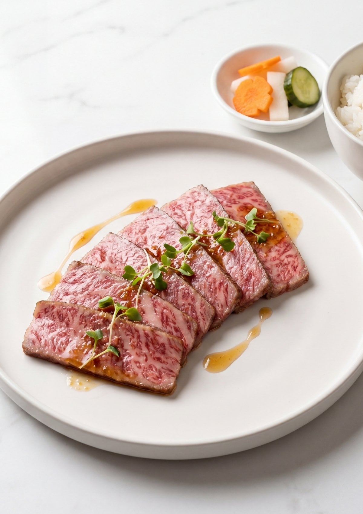 Japanese A5 wagyu beef recipe sliced steak plated with sauce and greens elegant luxury dinner presentation