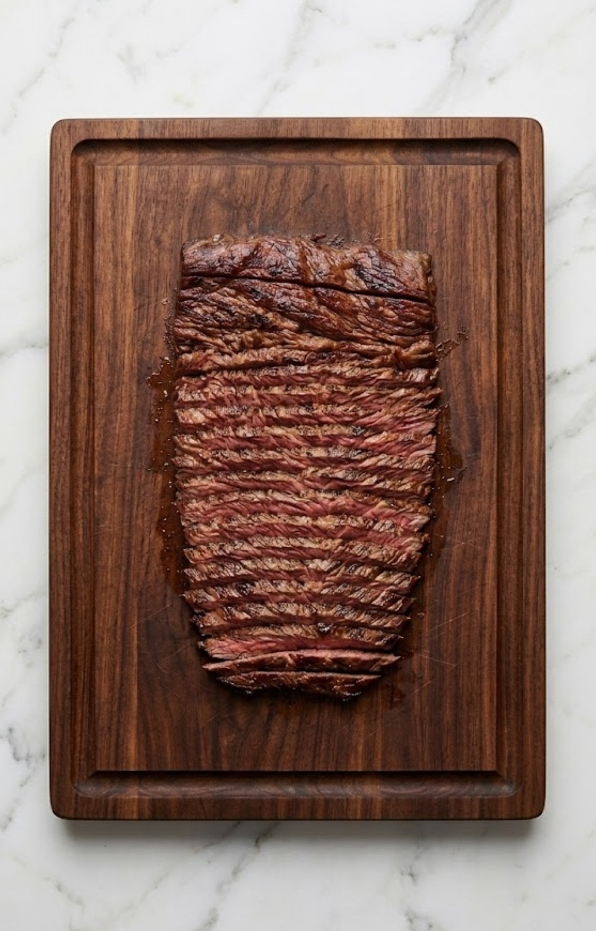A perfectly cooked and rested flank steak sliced thin against the grain on a dark wood cutting board.