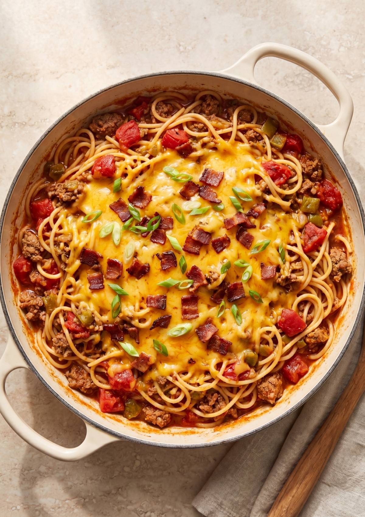cowboy spaghetti recipe in skillet with melted cheese bacon and tomatoes