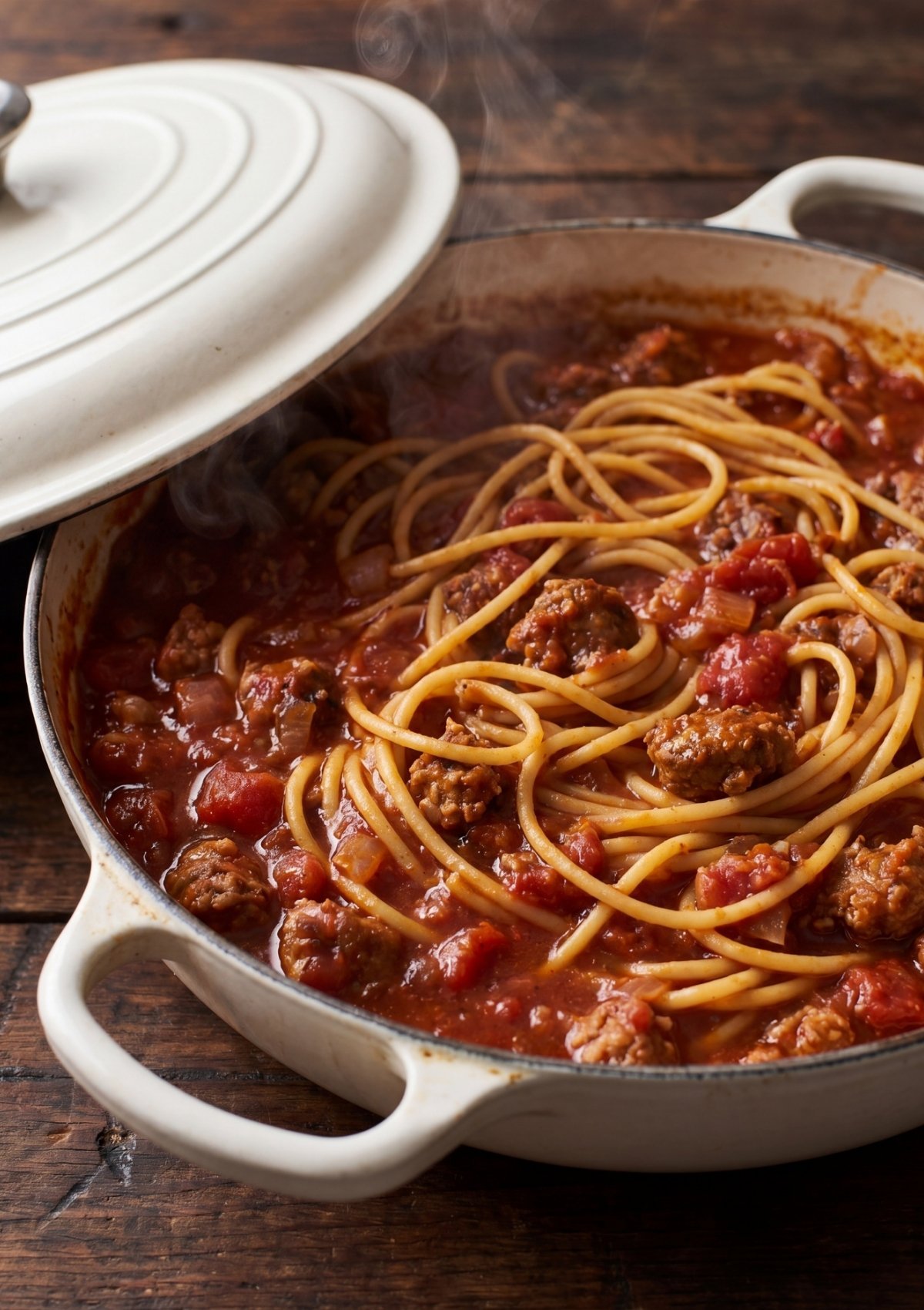 spaghetti simmering with beef and tomato sauce in one pot cowboy spaghetti recipe