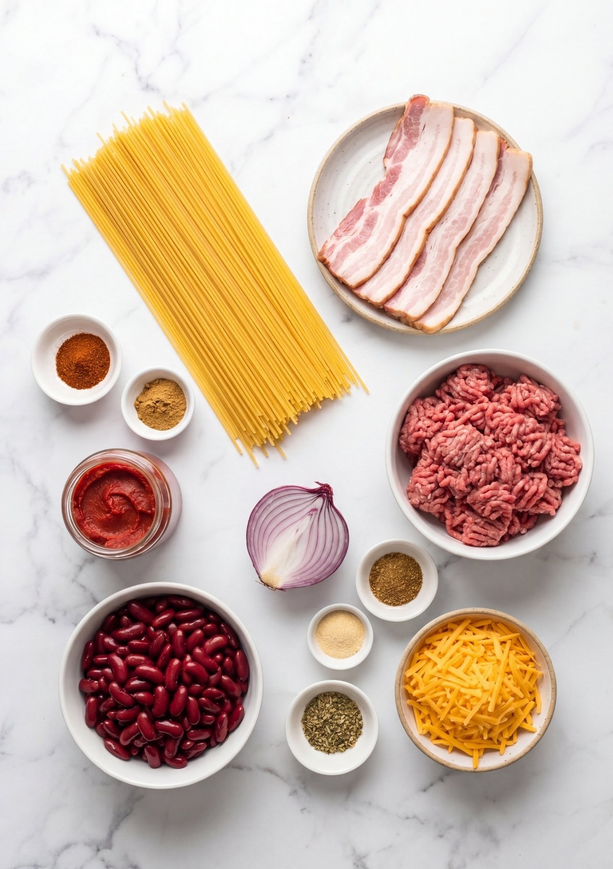 ingredients for cowboy spaghetti with bacon including ground beef pasta beans cheese and bacon laid out